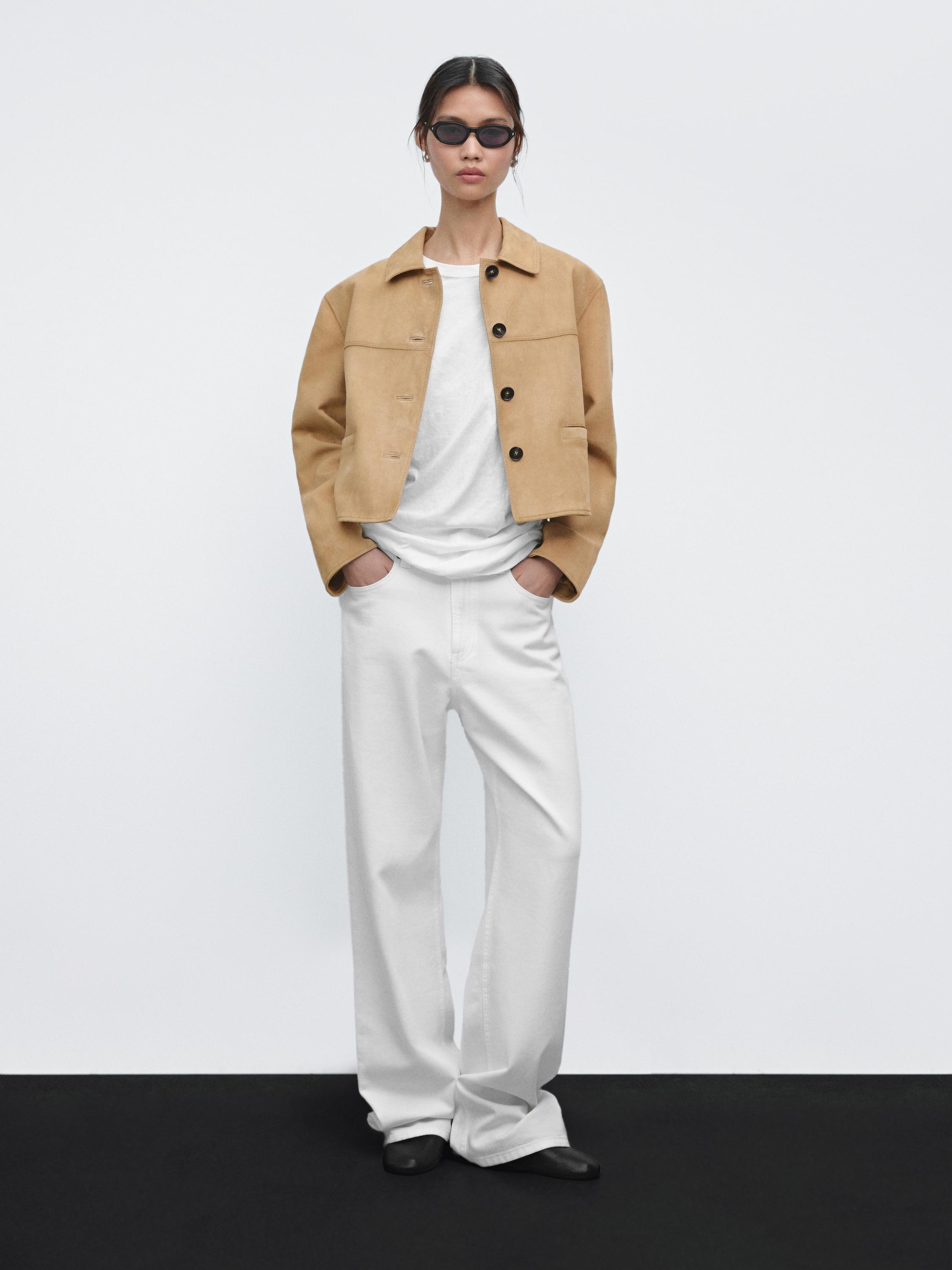 جاكيت قصير جلد شامواه بغرزة راجعة