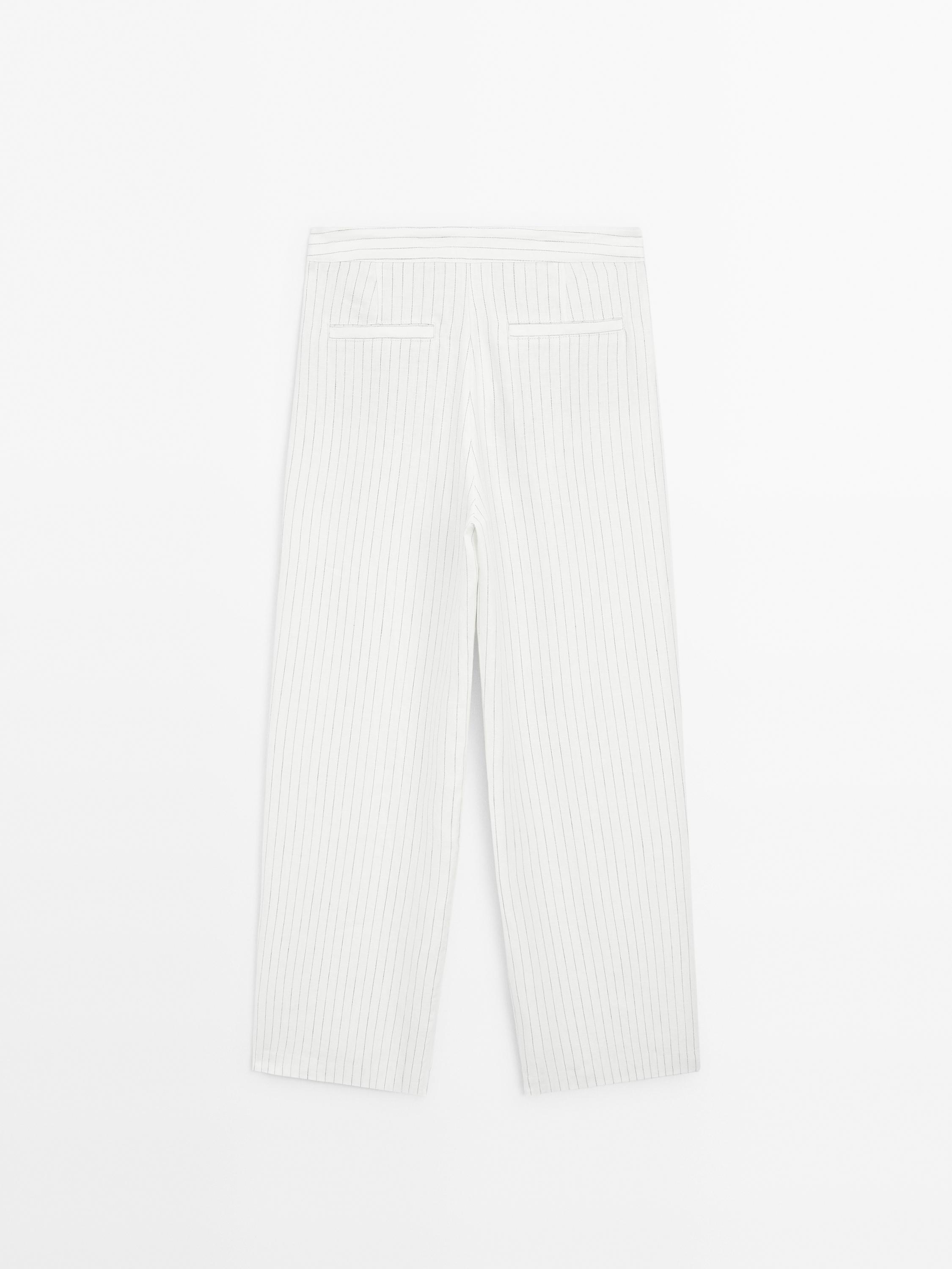 100% linen striped trousers with buckle detail
