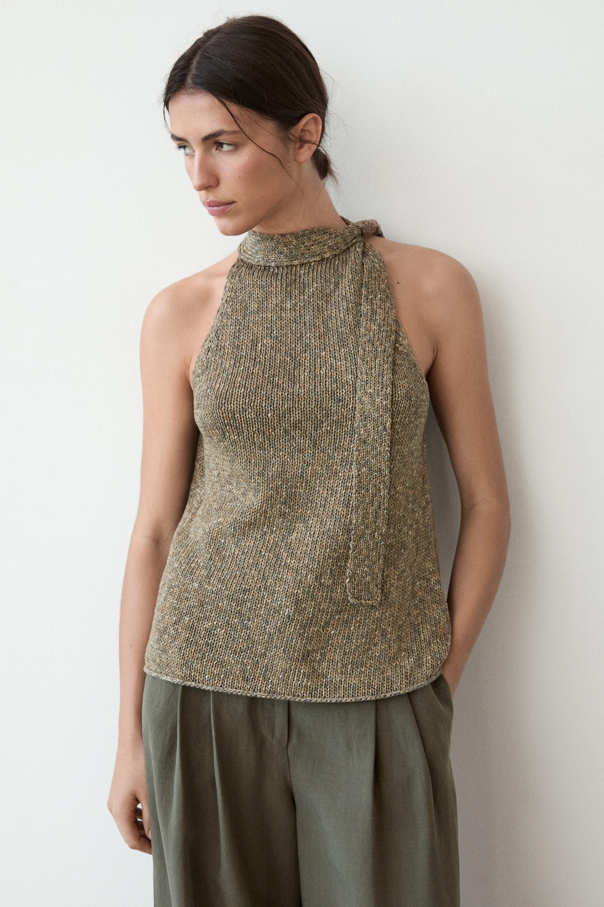 100% cotton halter top with tie detail — GREEN