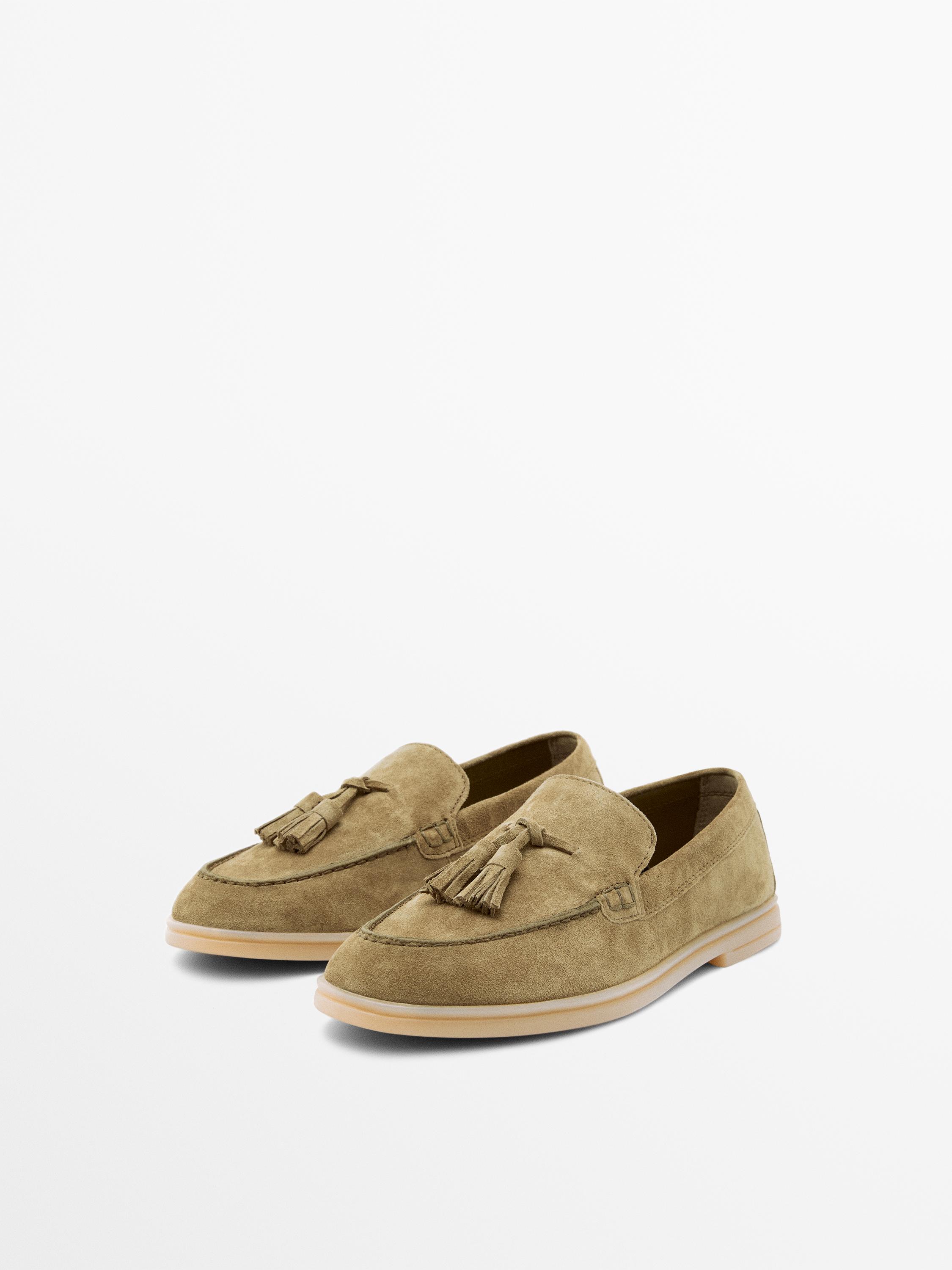 Split leather loafers with tassels — TAUPE