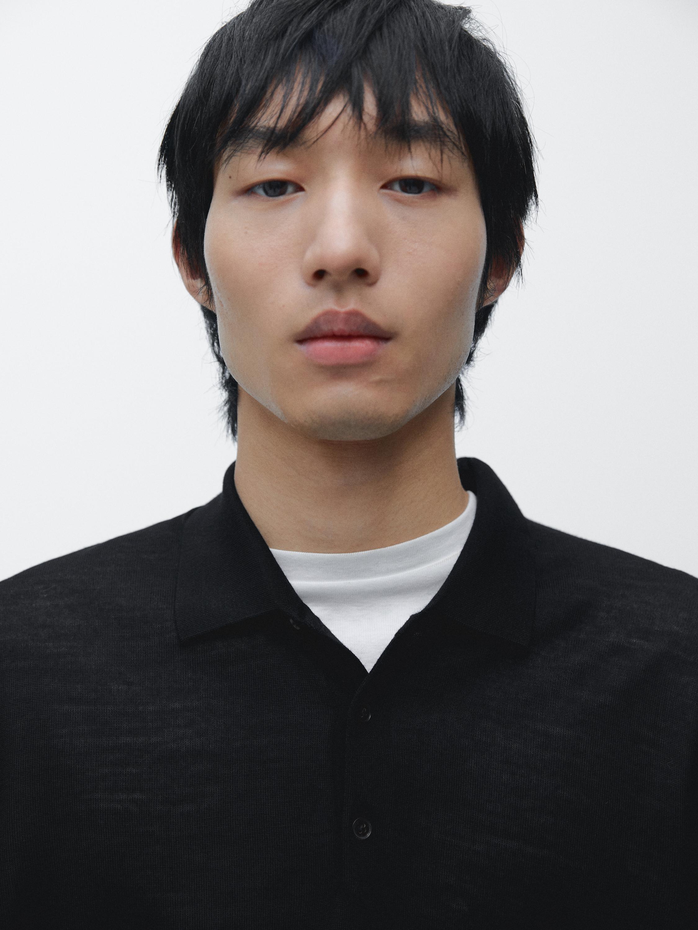 100% wool knit sweater with polo collar — BLACK
