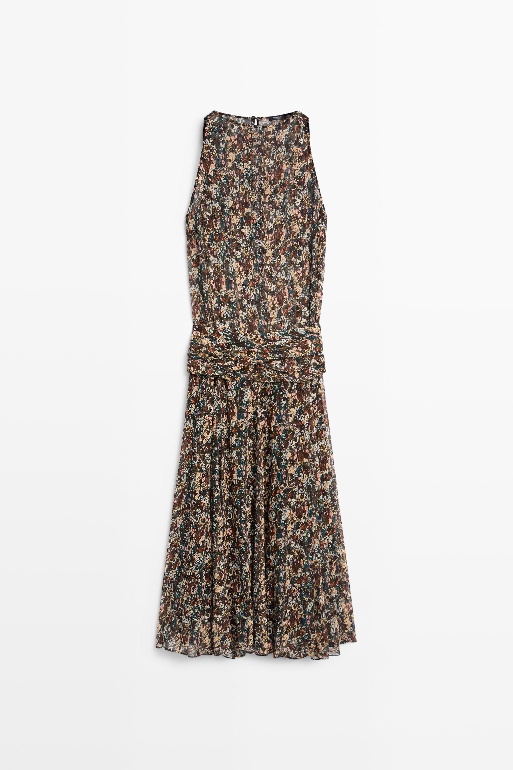 Printed dress with sash detail — BLACK