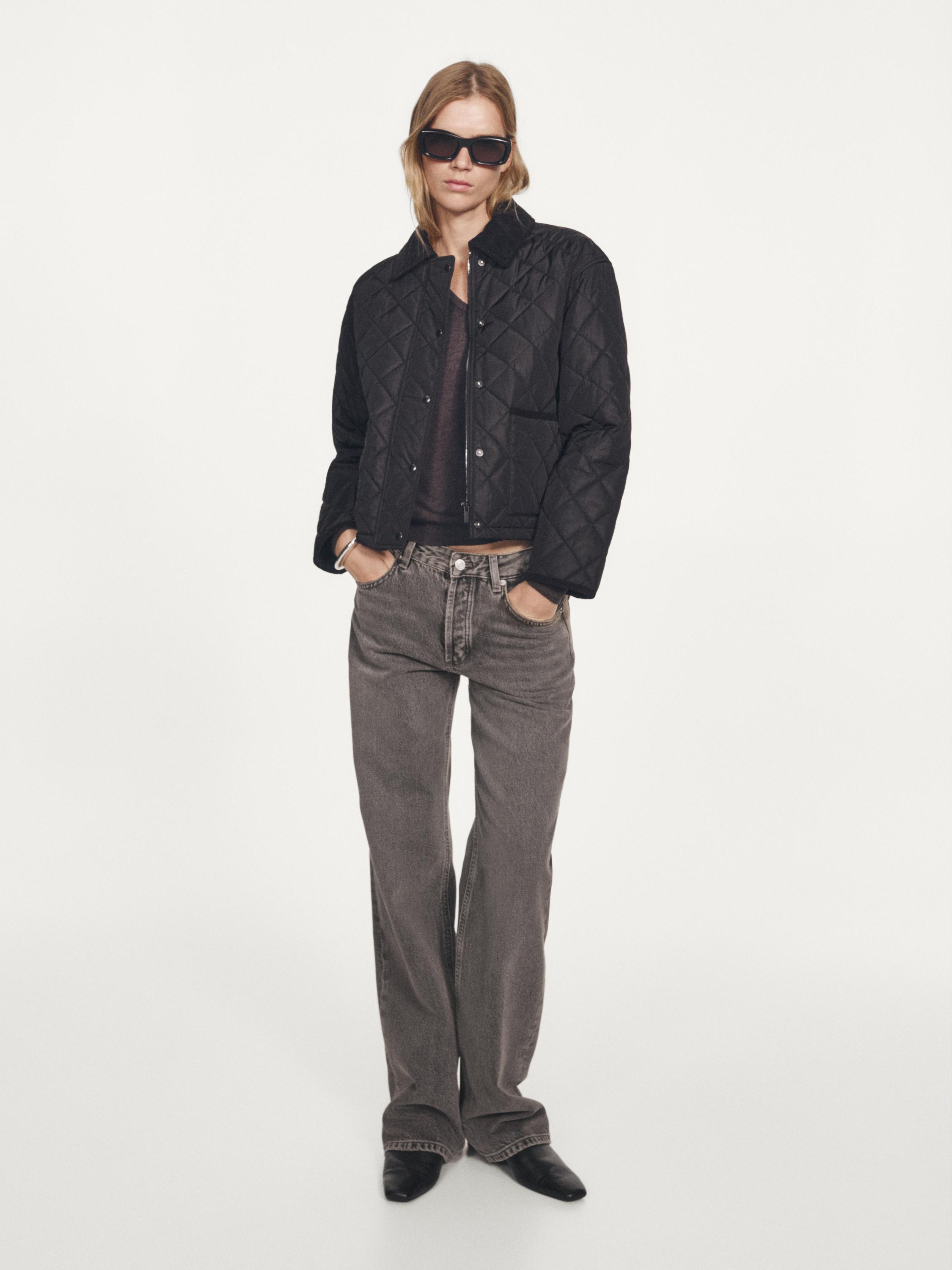 Short lightweight puffer jacket with corduroy detail