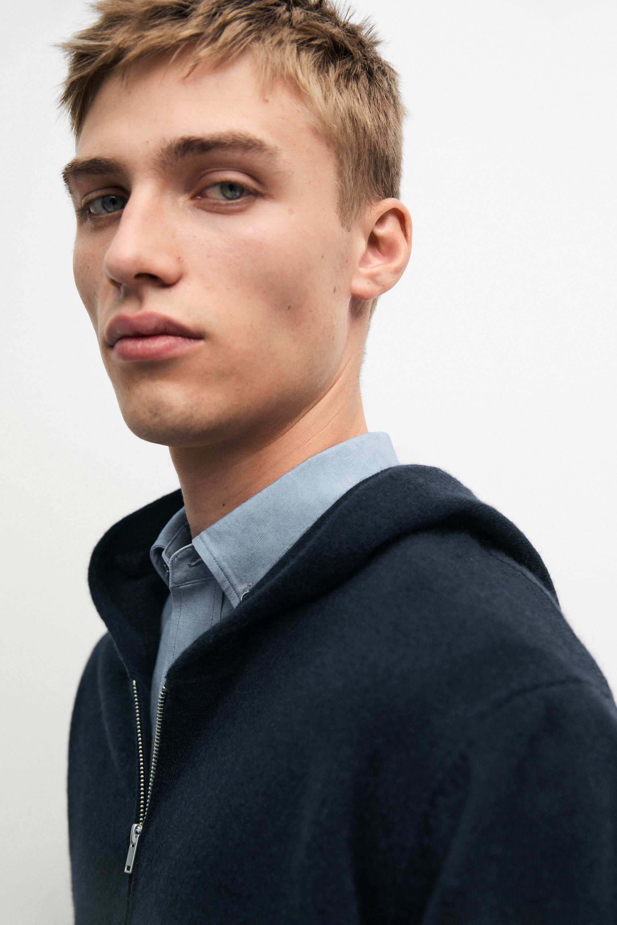 100% cashmere hooded knit cardigan — NAVY BLUE
