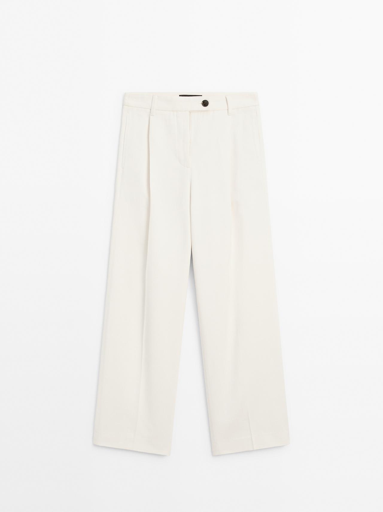 Massimo Dutti - Dame - Bukser I Bomuldsblanding Med Brede Ben Og Læg - Råhvid - 36
