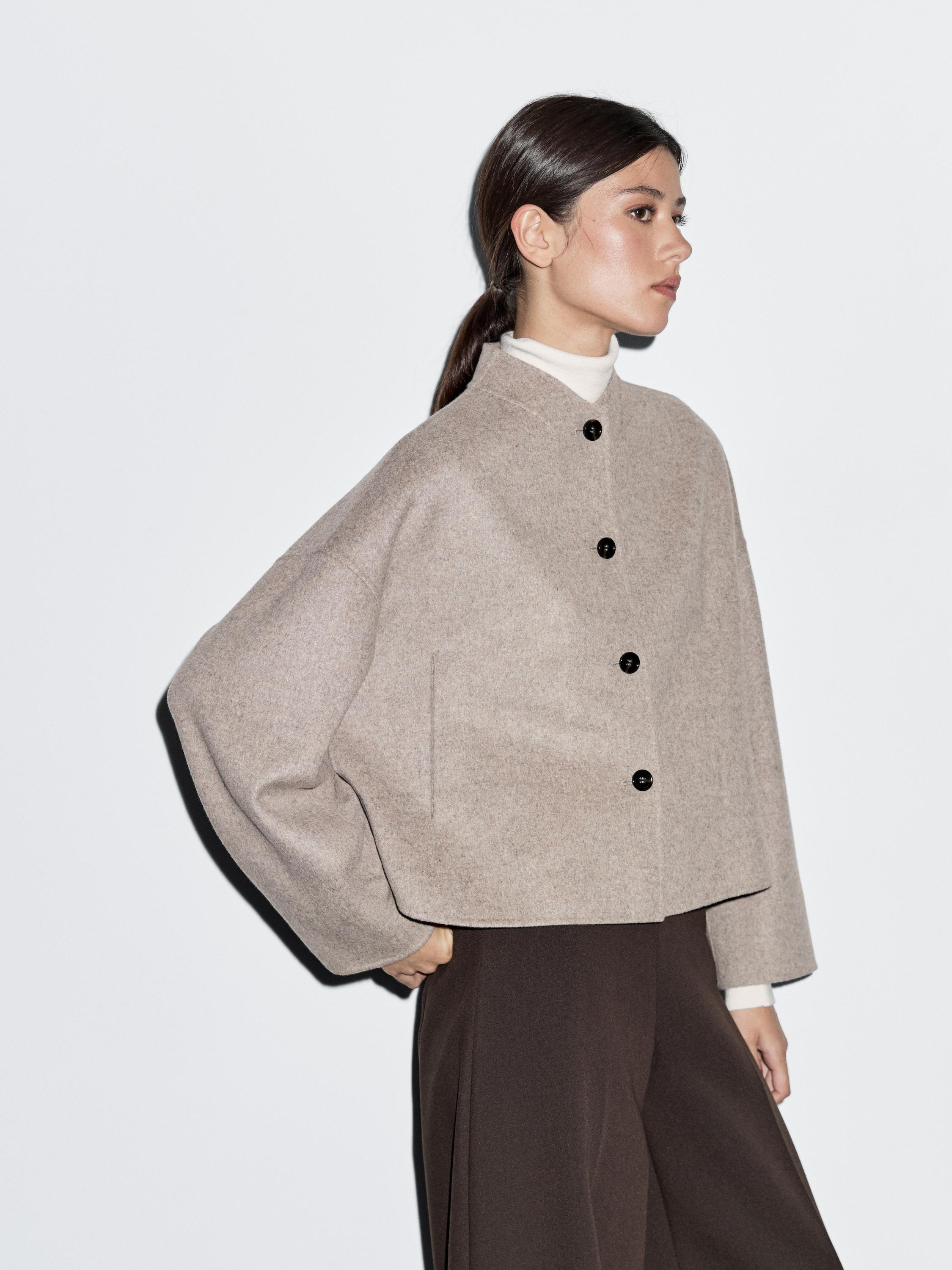 Short wool blend coat with high collar