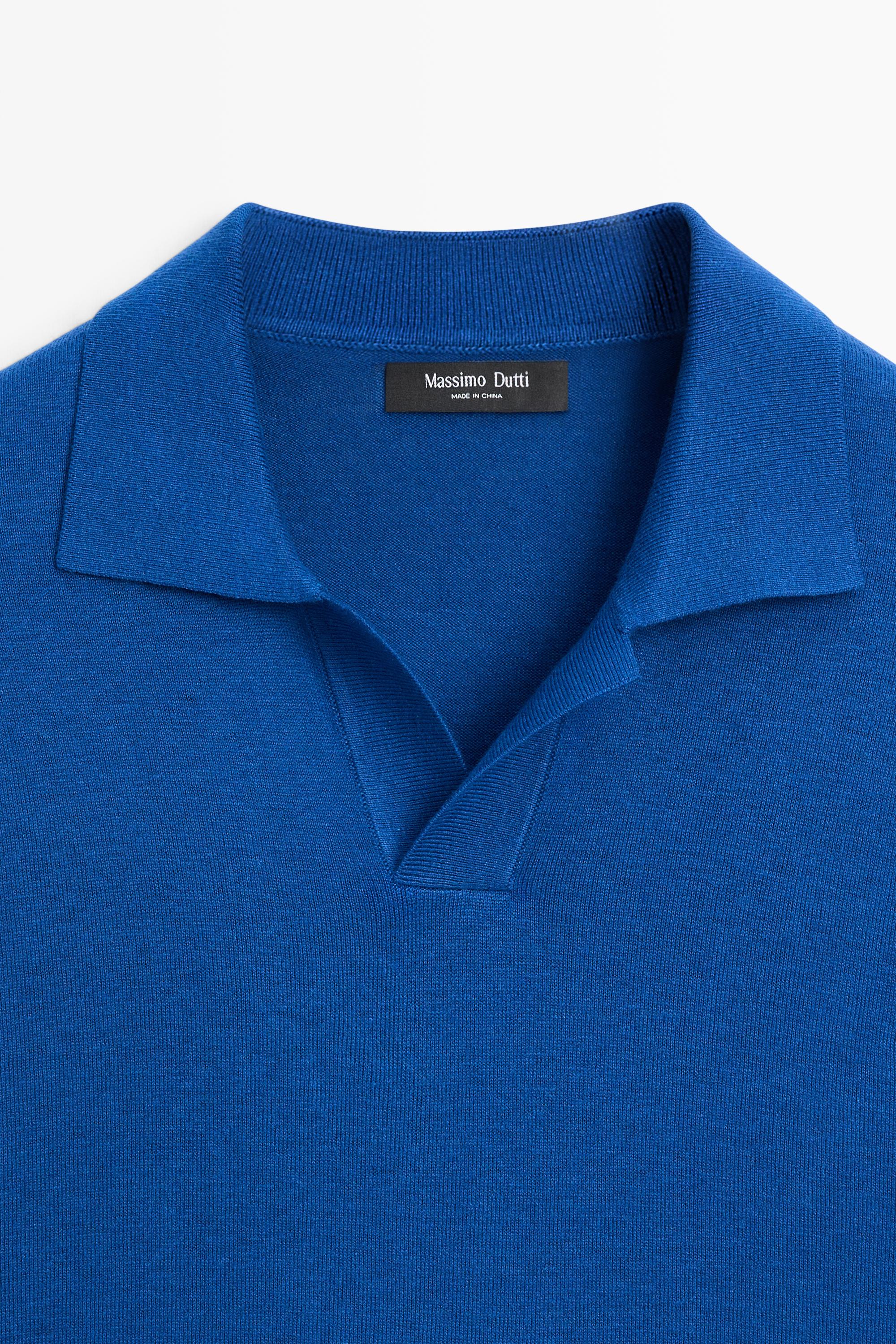 Cotton and linen knit polo sweater — Blue