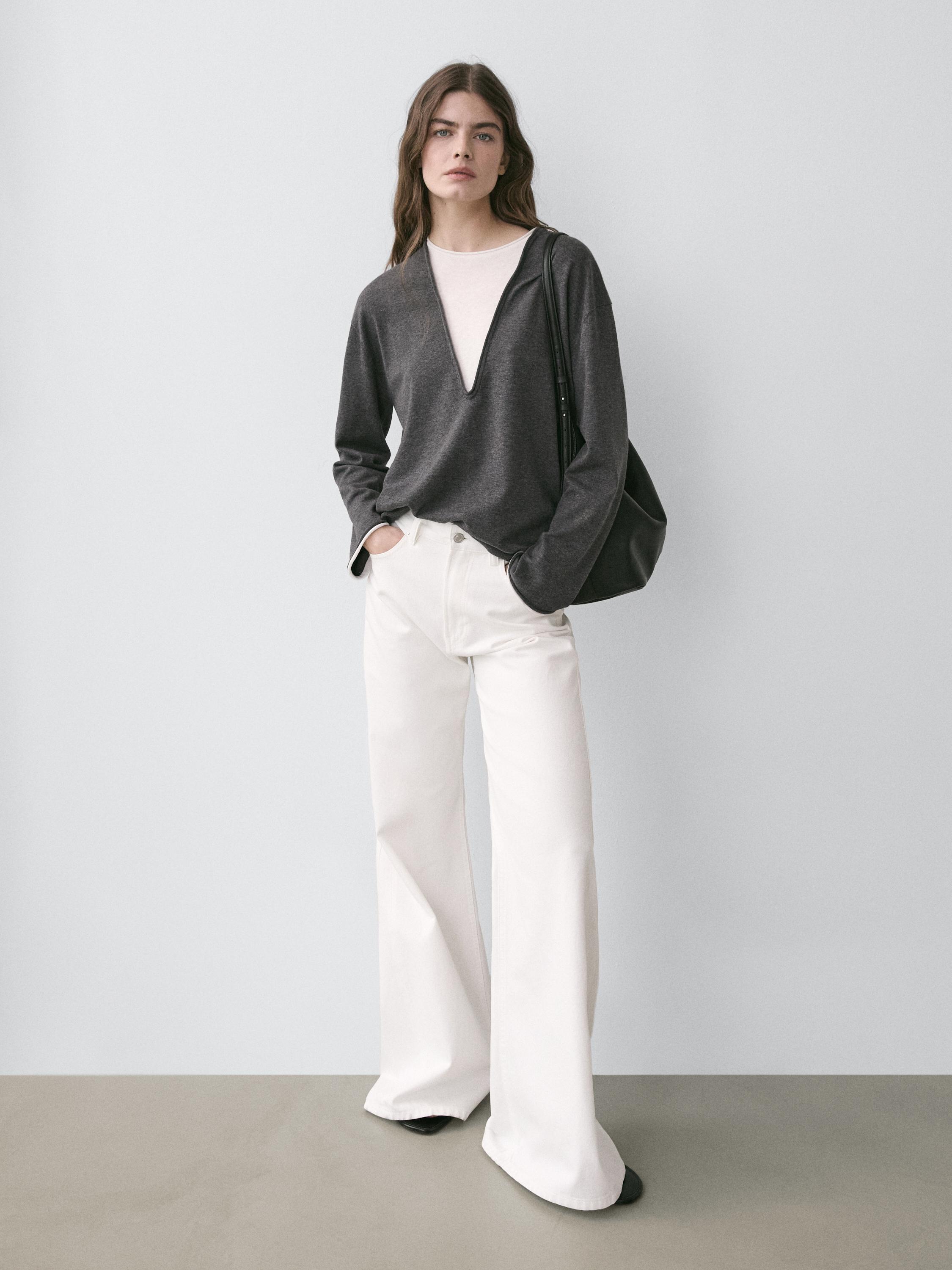 Cotton blend knit sweater with contrast fabric — CHARCOAL