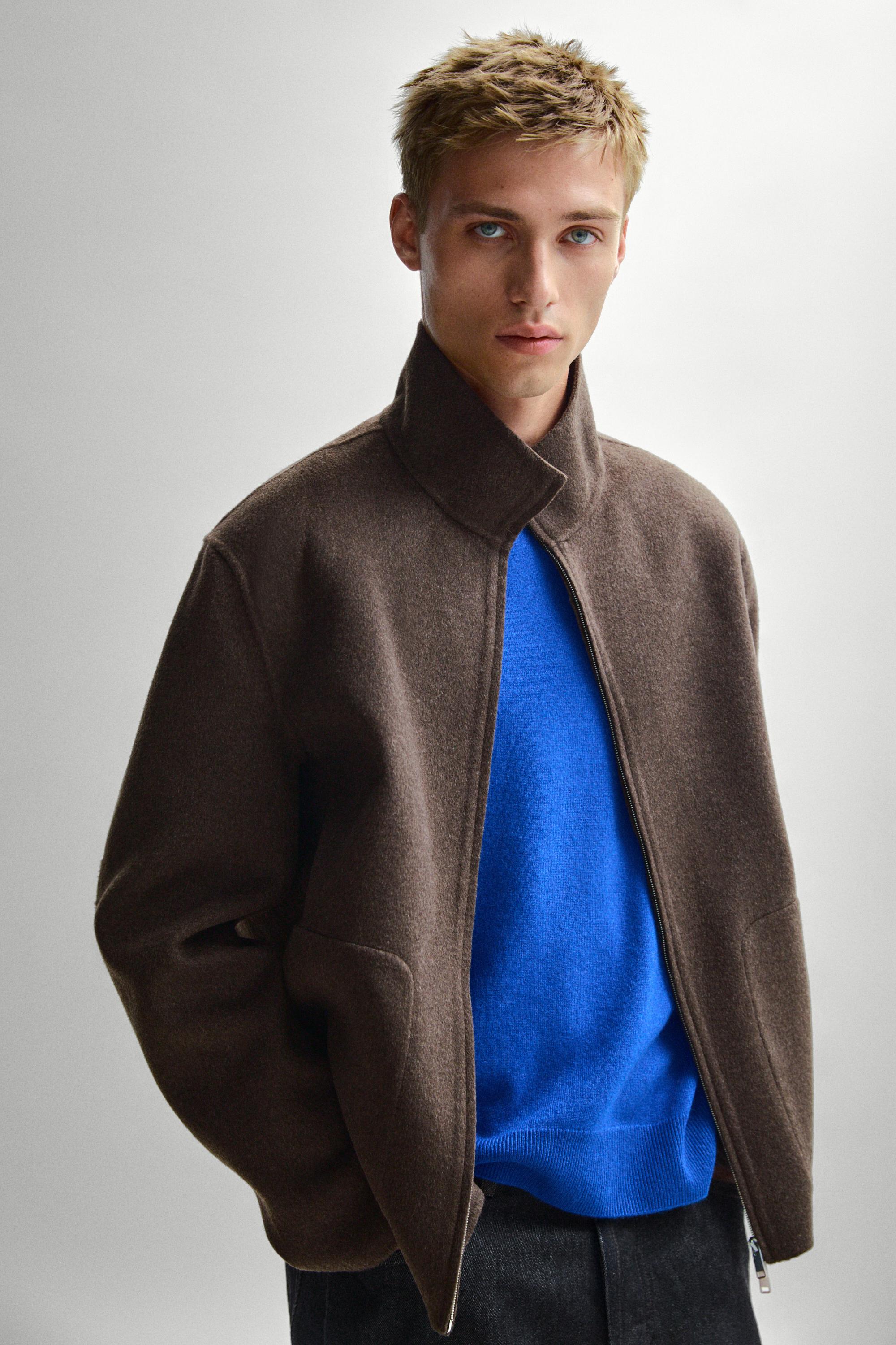 Wool blend double-fabric jacket with stand collar — BROWN