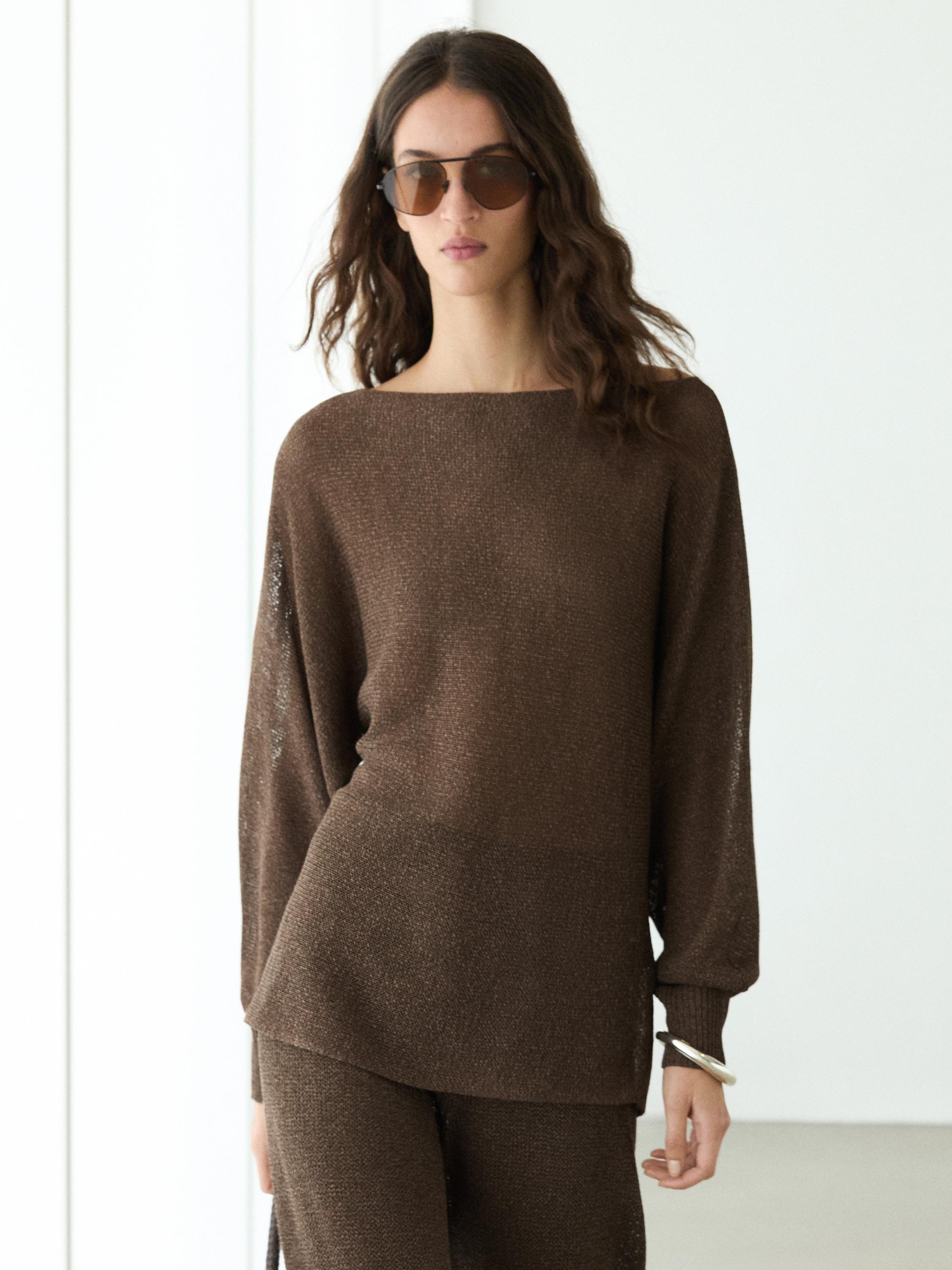 Flowing cotton blend knit sweater — BROWN