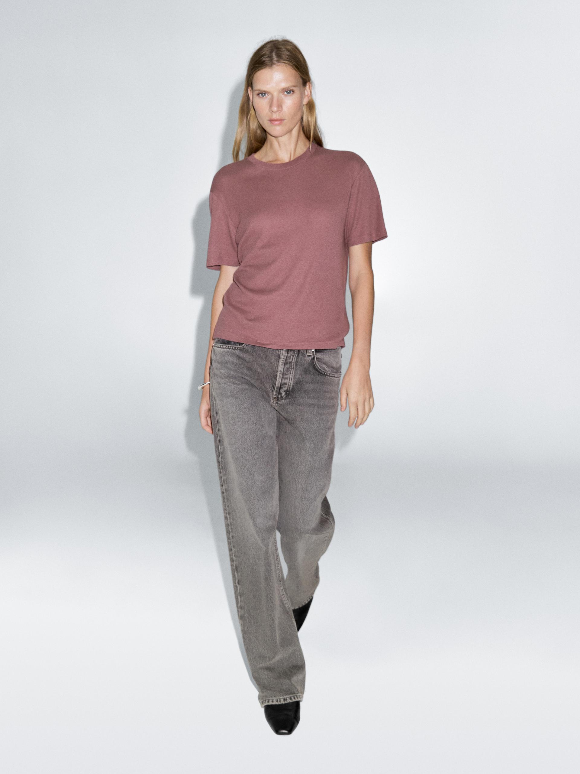Camiseta Manga Corta Mezcla Algodón - Rosa Empolvado - L - Massimo Dutti - Mujer