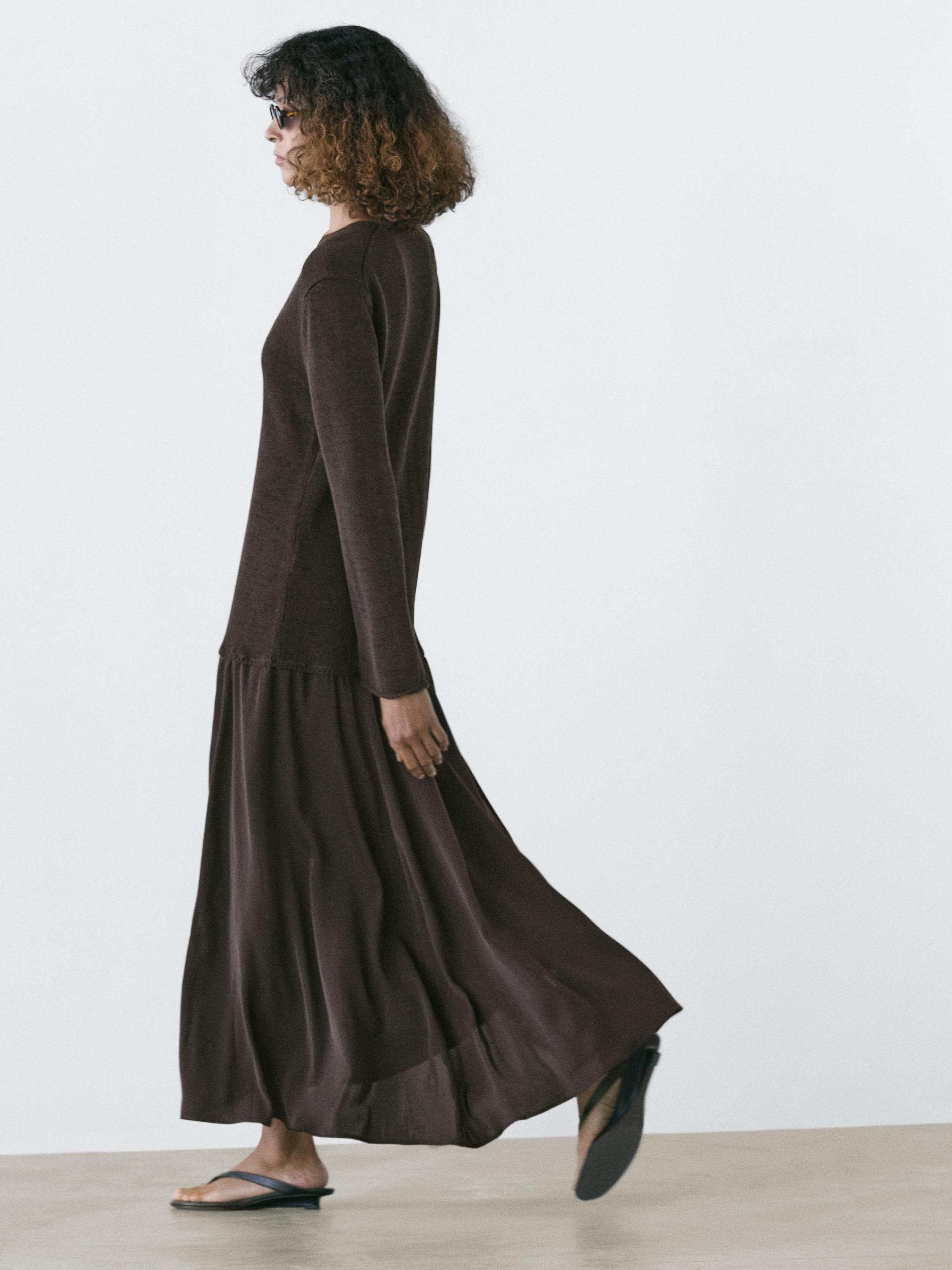 Contrast cotton blend knit dress — Reddish brown