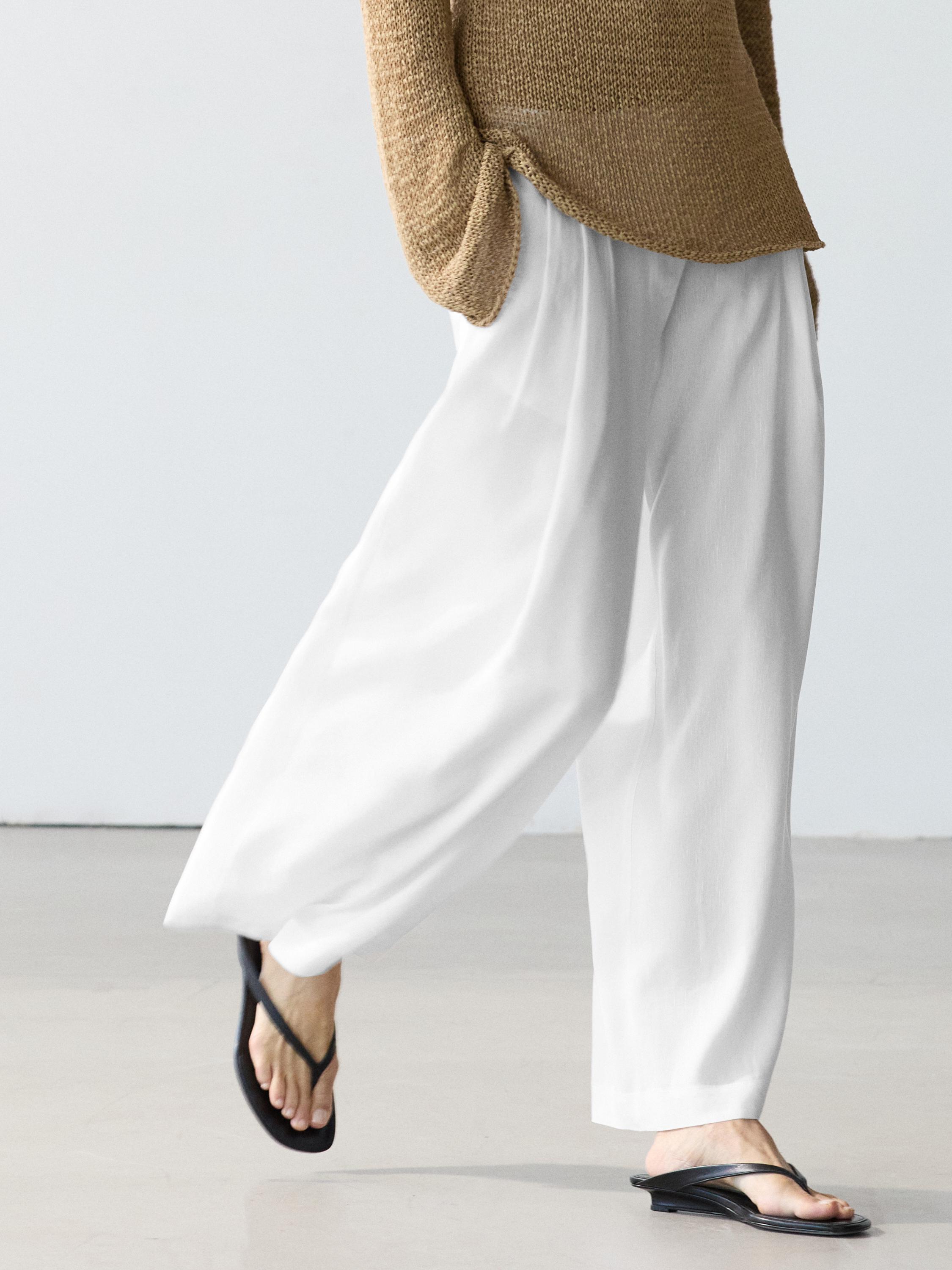 Flowing linen blend trousers — Off white