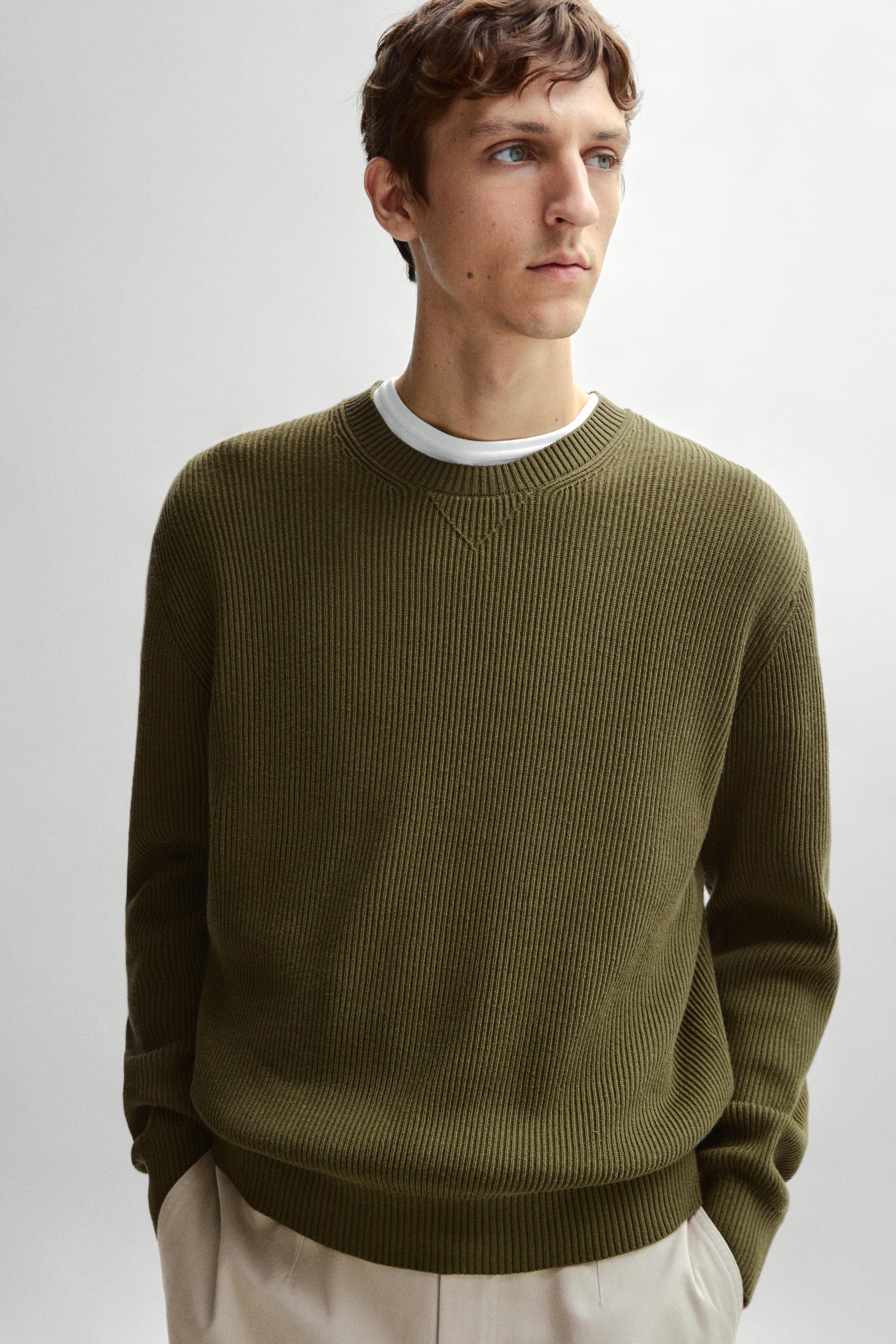 Cotton blend ribbed knit sweater — KHAKI