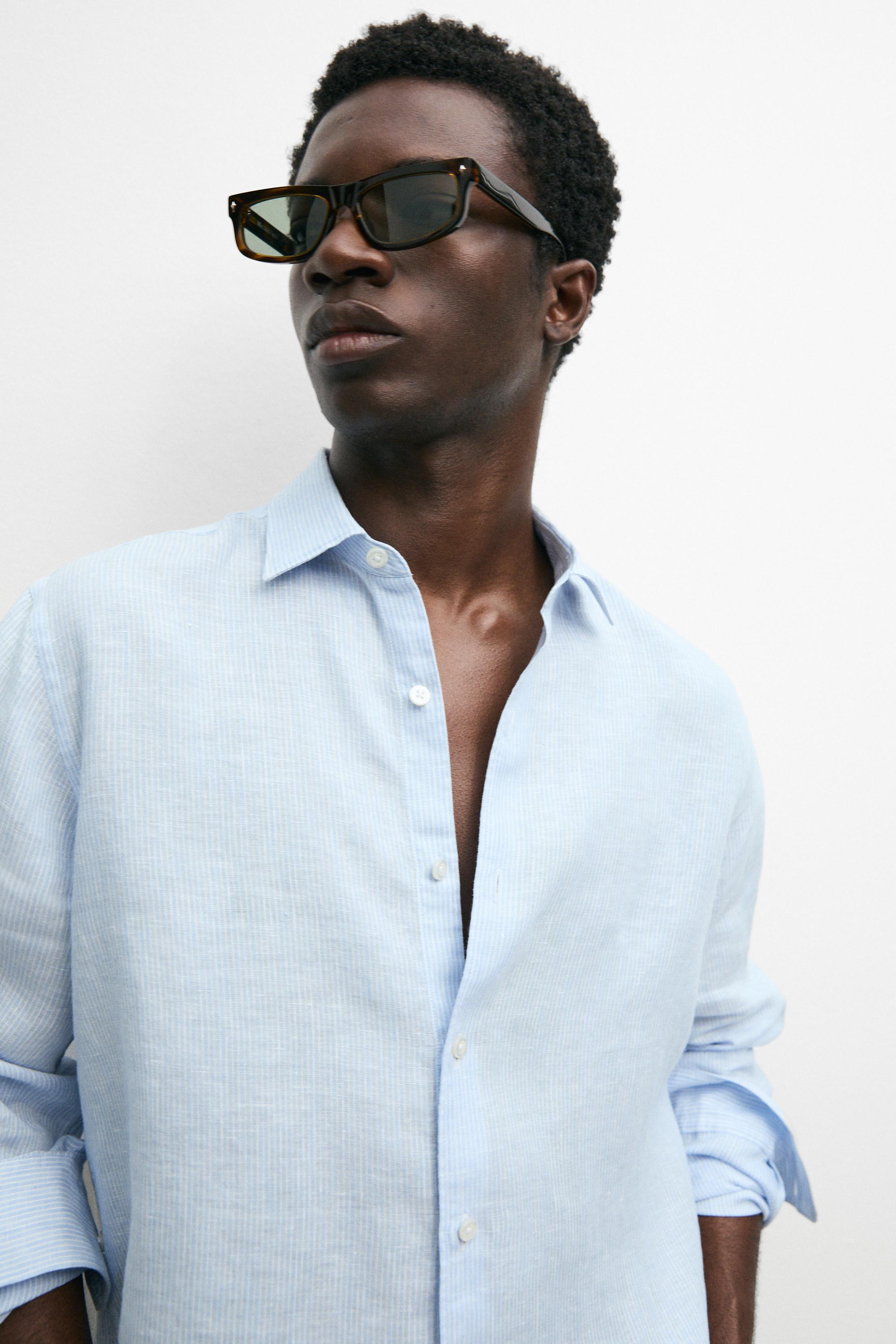 Regular fit striped melange linen shirt — SKY BLUE
