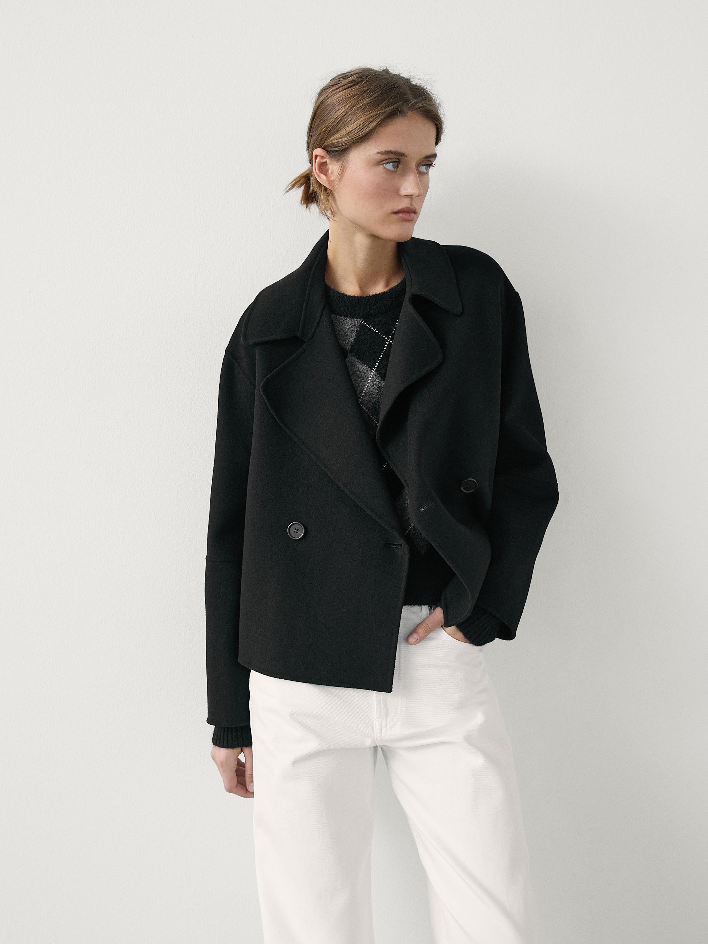 Loose fitting wool blend cropped trench coat Black Coats And Jackets Massimo Dutti