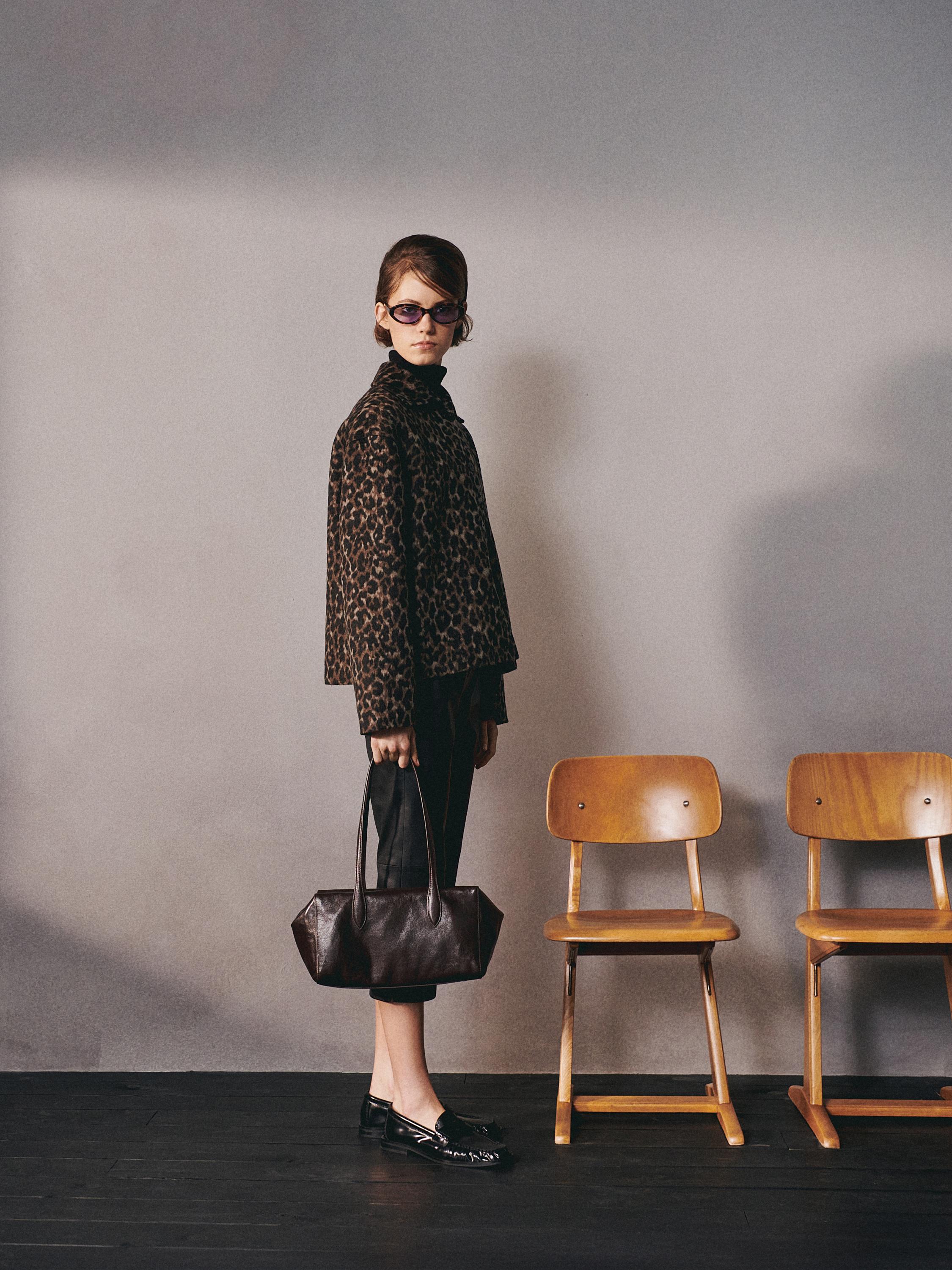 Cropped wool blend animal print jacket