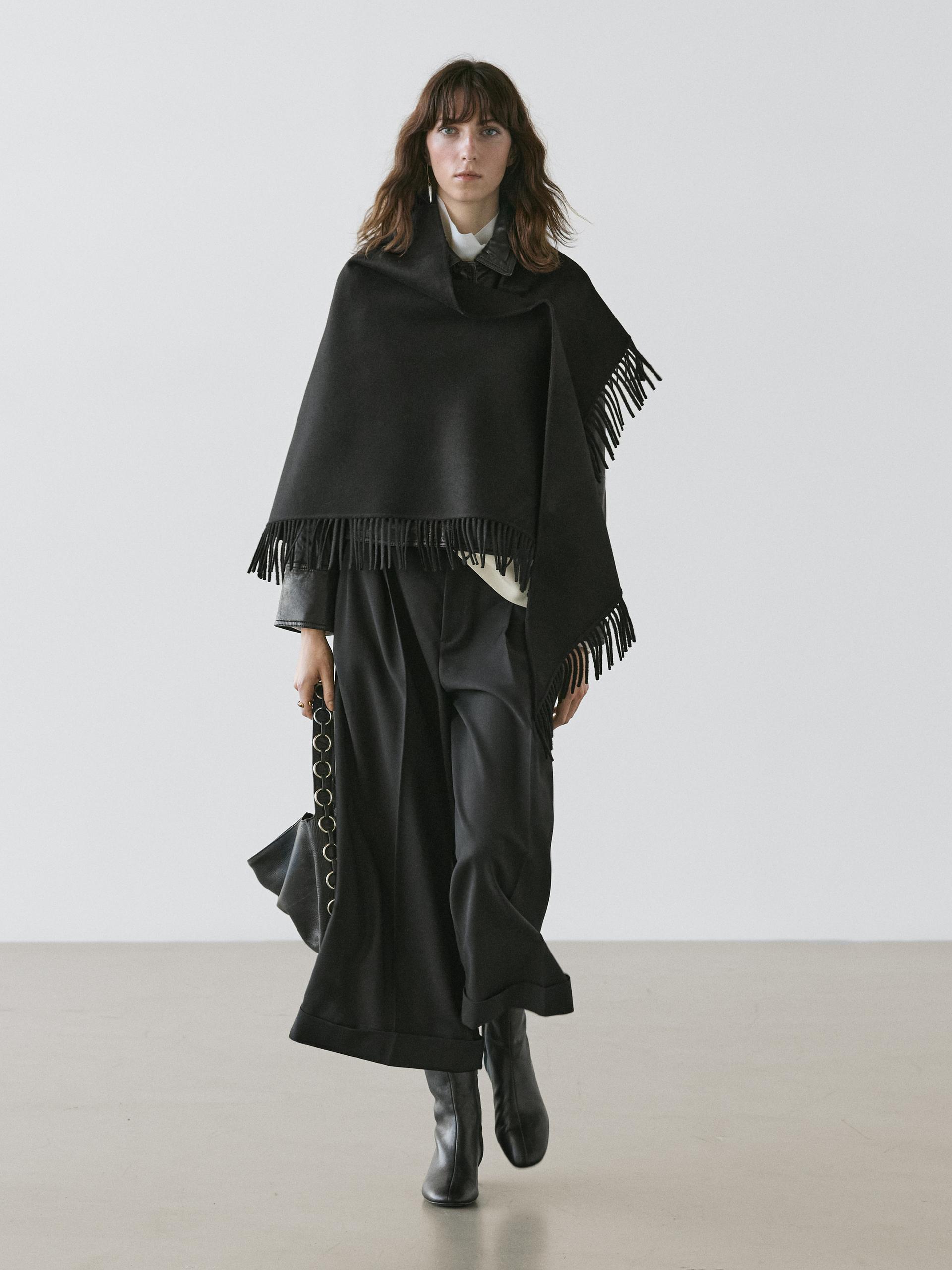 Massimo Dutti Wool Blend Knit Cape With Fringing In Black