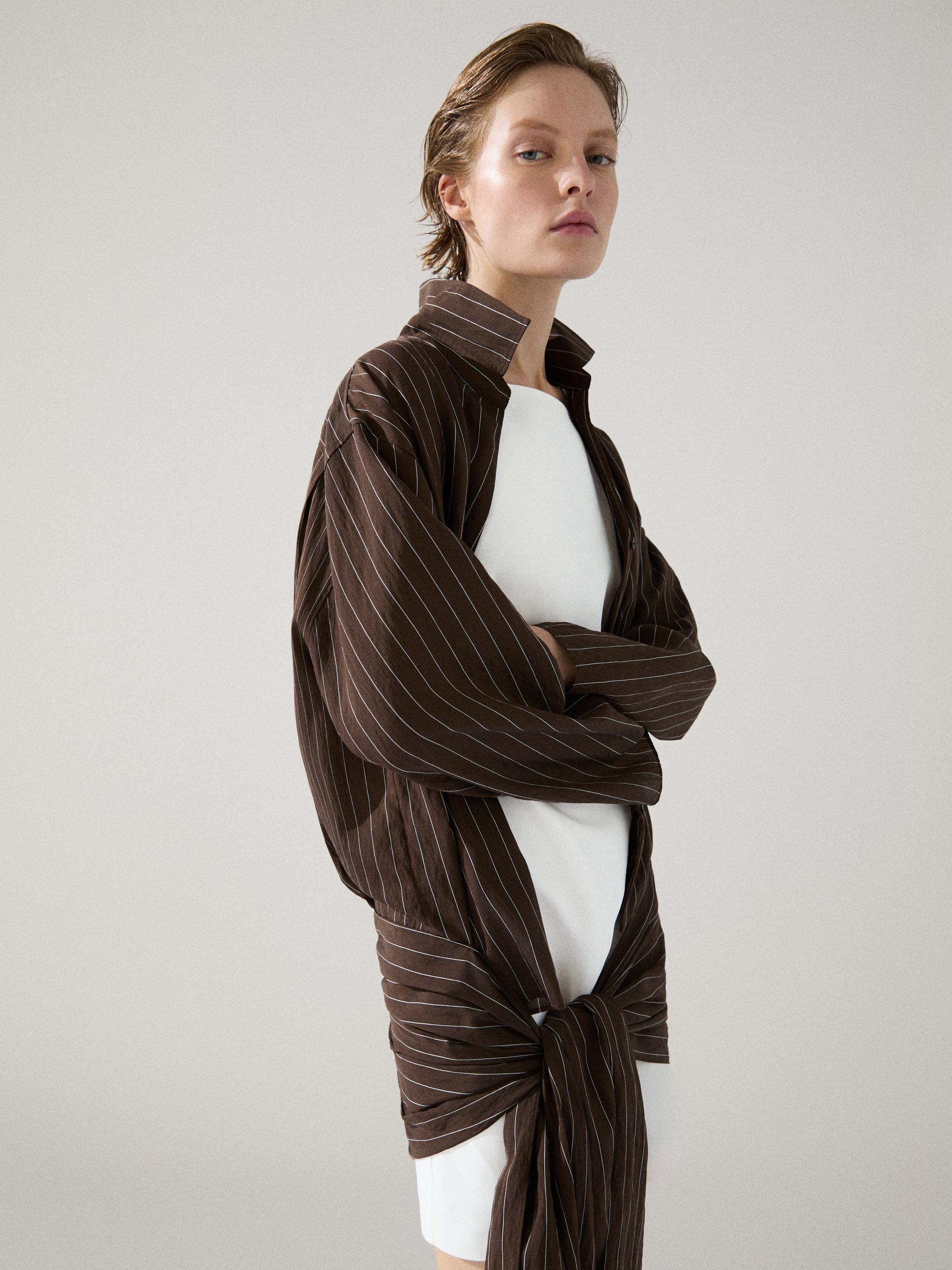 Striped shirt with scarf detail — BROWN