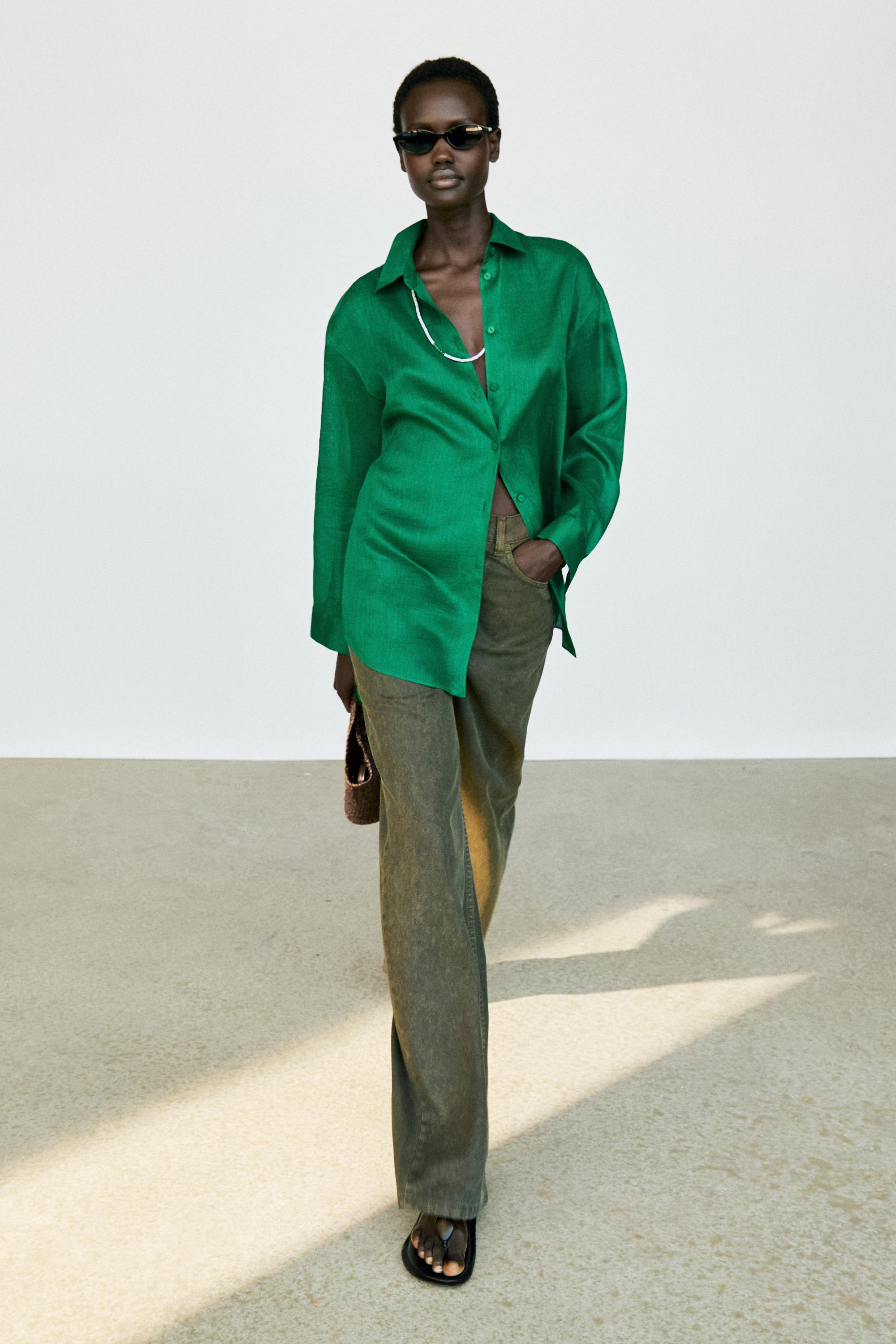 100% ramie flowing long shirt — GREEN