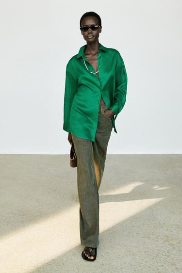 100% ramie flowing long shirt — GREEN 1