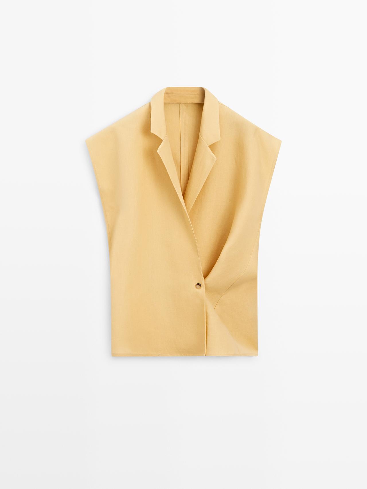 Massimo Dutti - Dame - Dobbeltradet Vest Med Revers I Hør - Sennepsgul - Xs