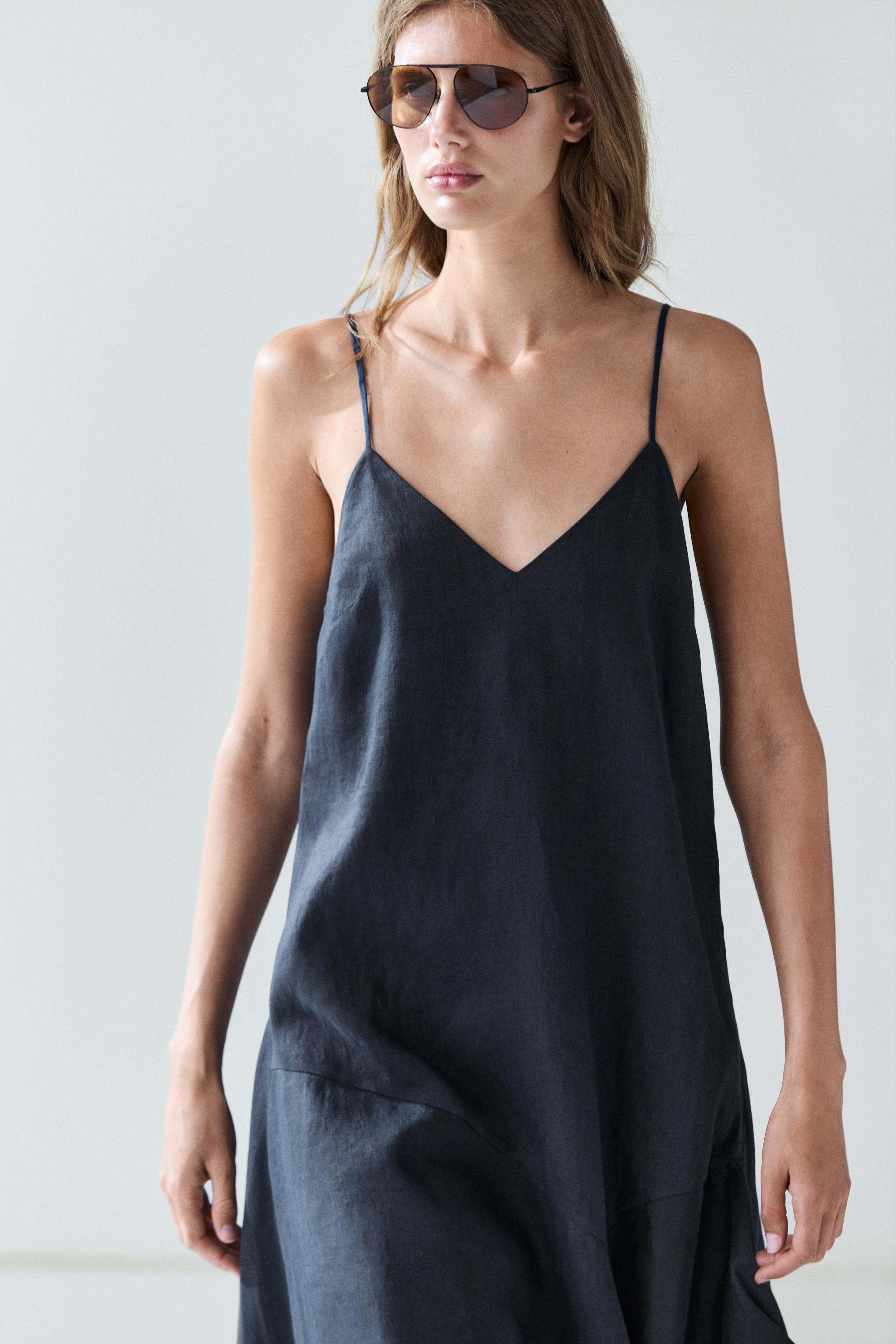 100% linen asymmetric midi dress — BLUE
