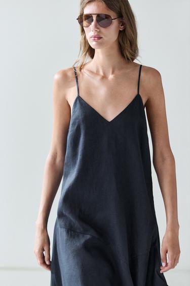100% linen asymmetric midi dress — BLUE 5