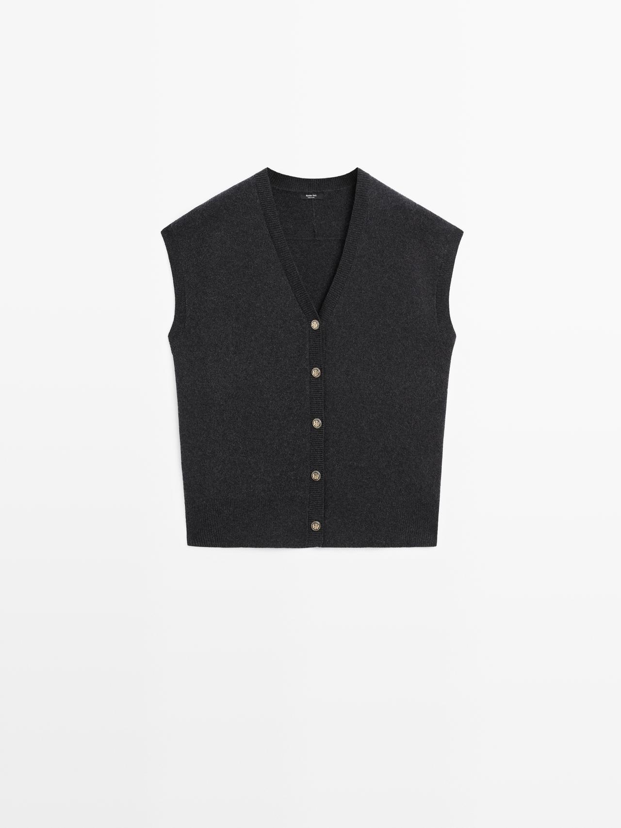 Massimo Dutti - Dame - Strikket Vest Med Gyldne Knapper - Koksgrå - M