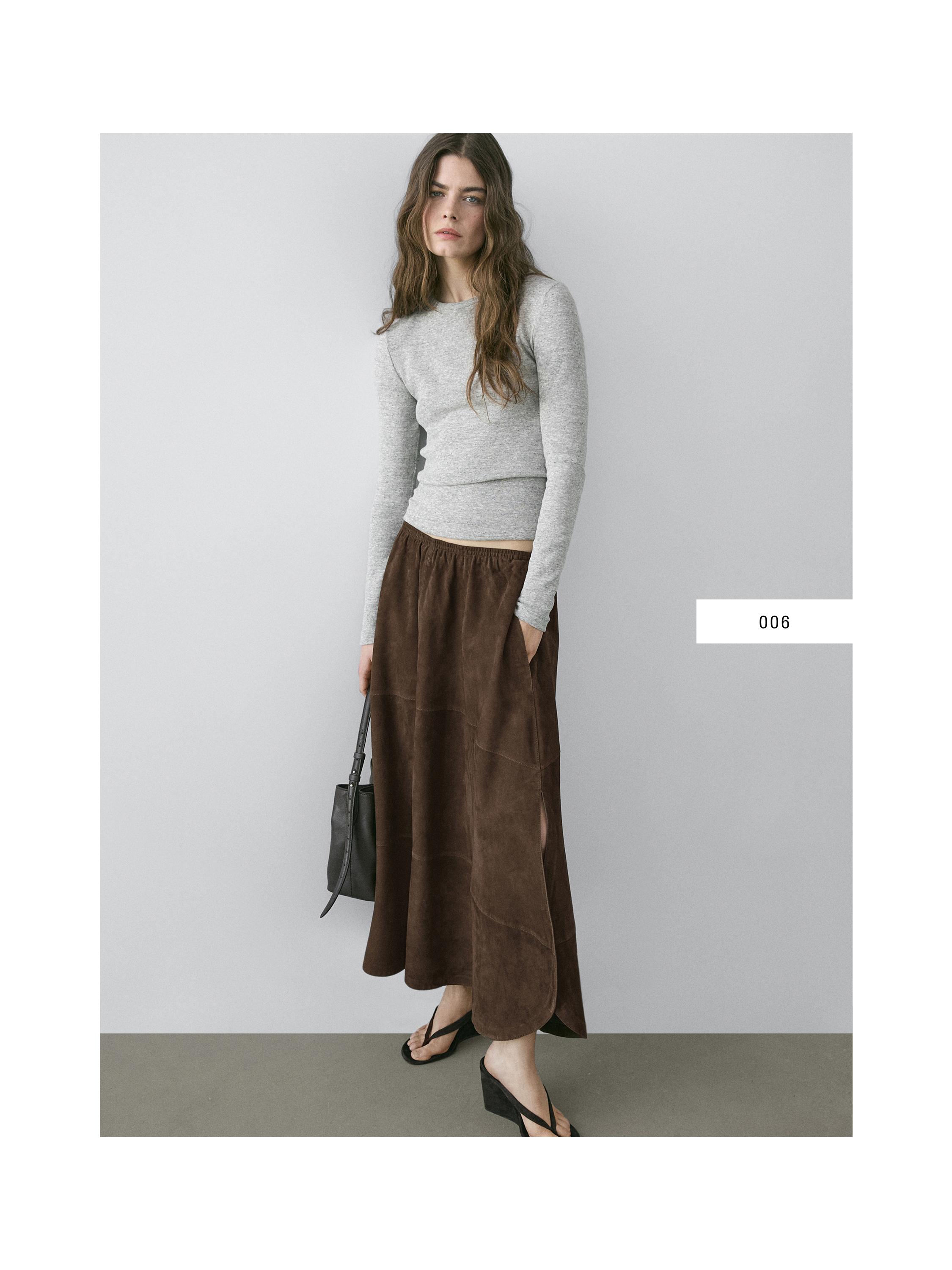 Suede leather midi skirt — BROWN