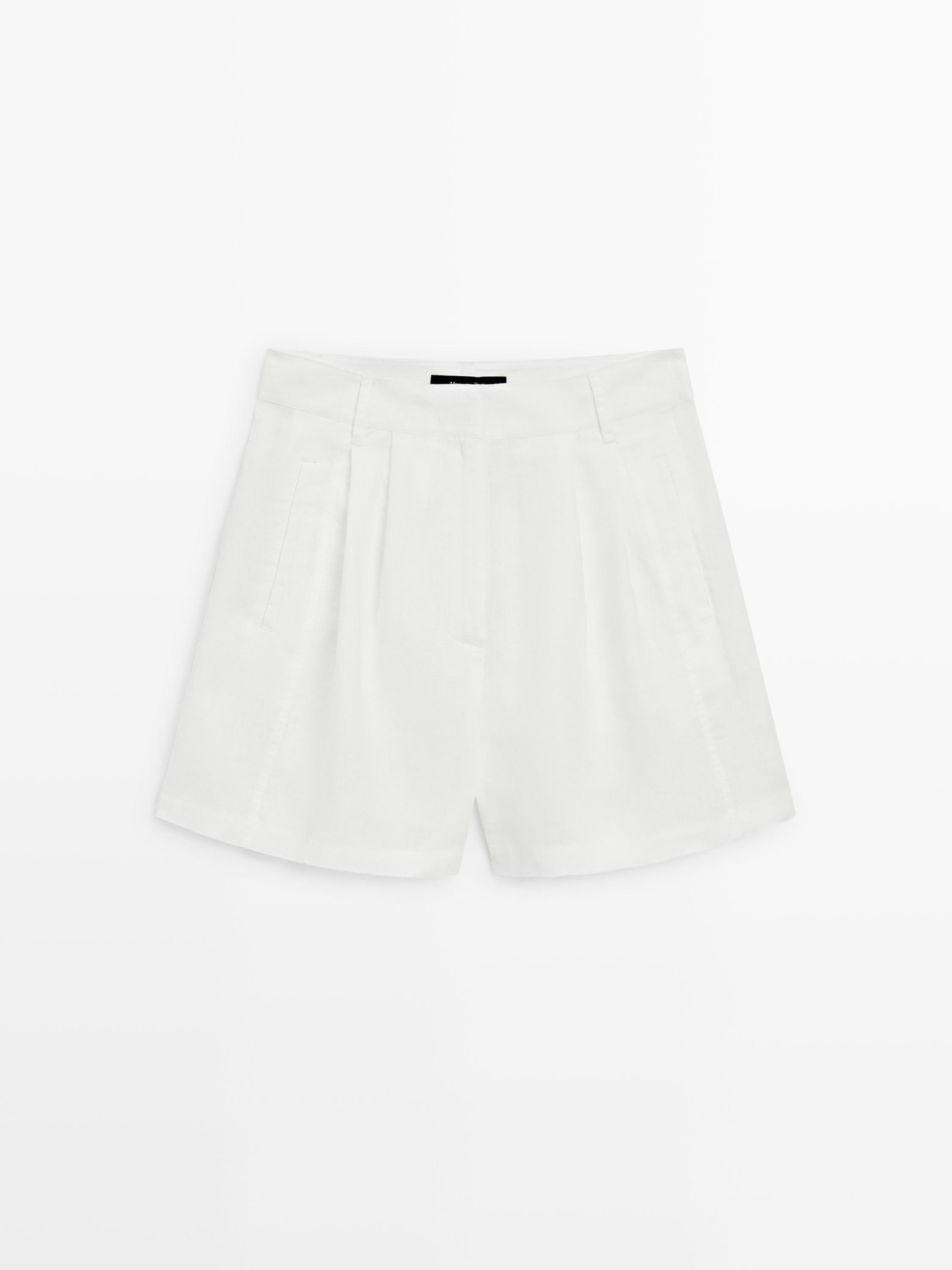 100% linen long Bermuda shorts with darts — WHITE