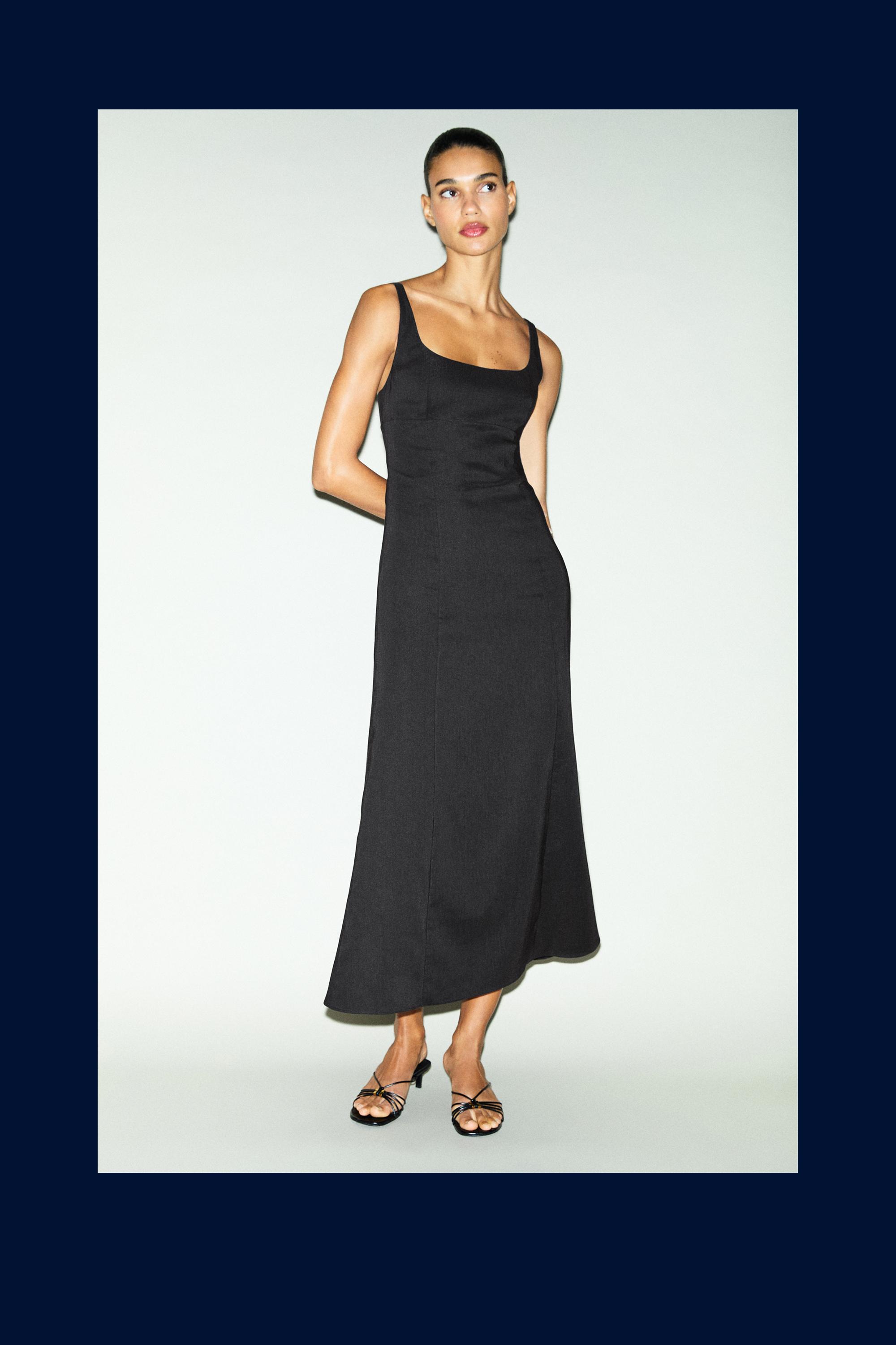 Strappy linen midi dress — BLACK