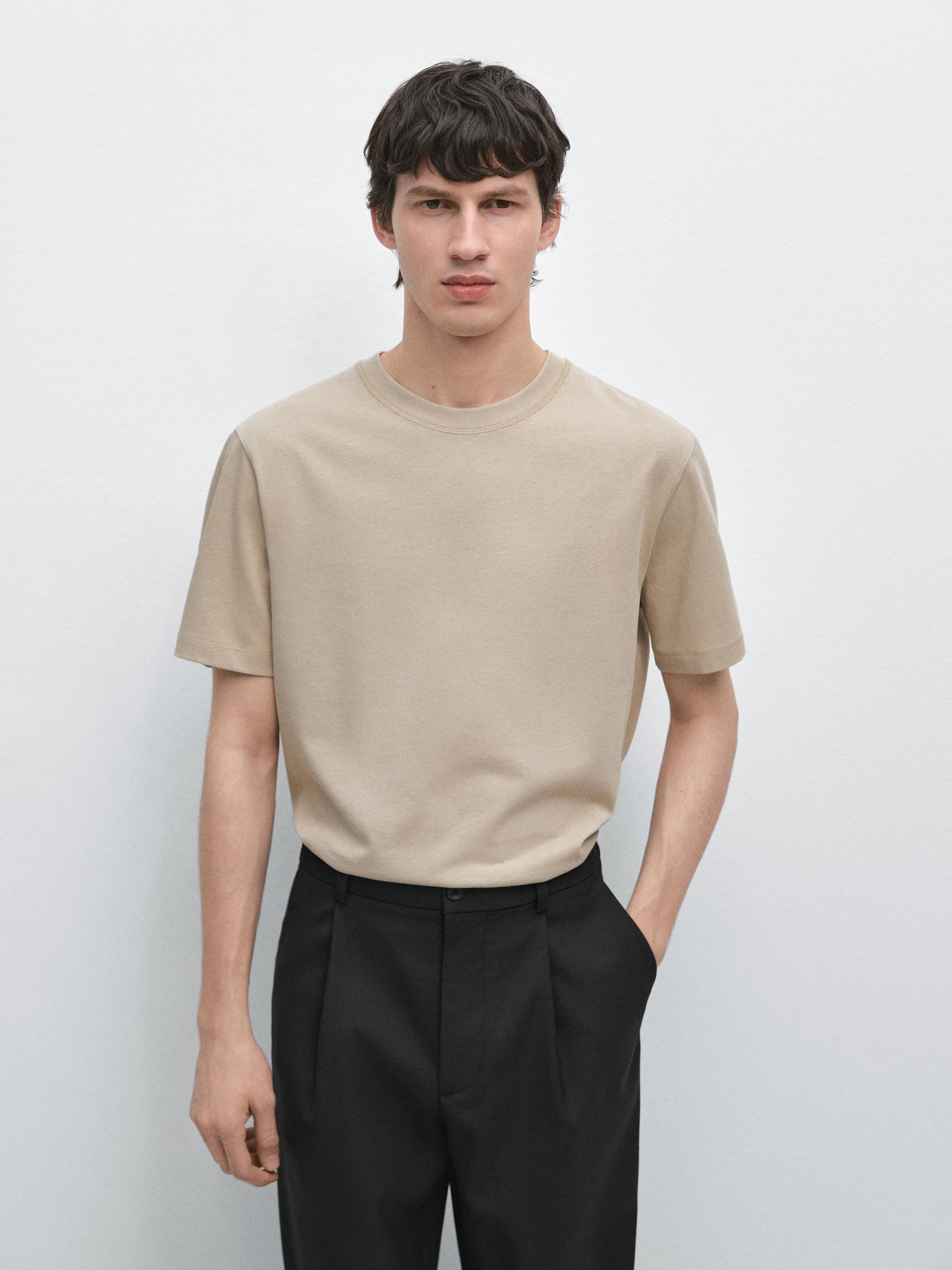 Camiseta Manga Corta Mezcla Algodón - Arena - M - Massimo Dutti - Hombre