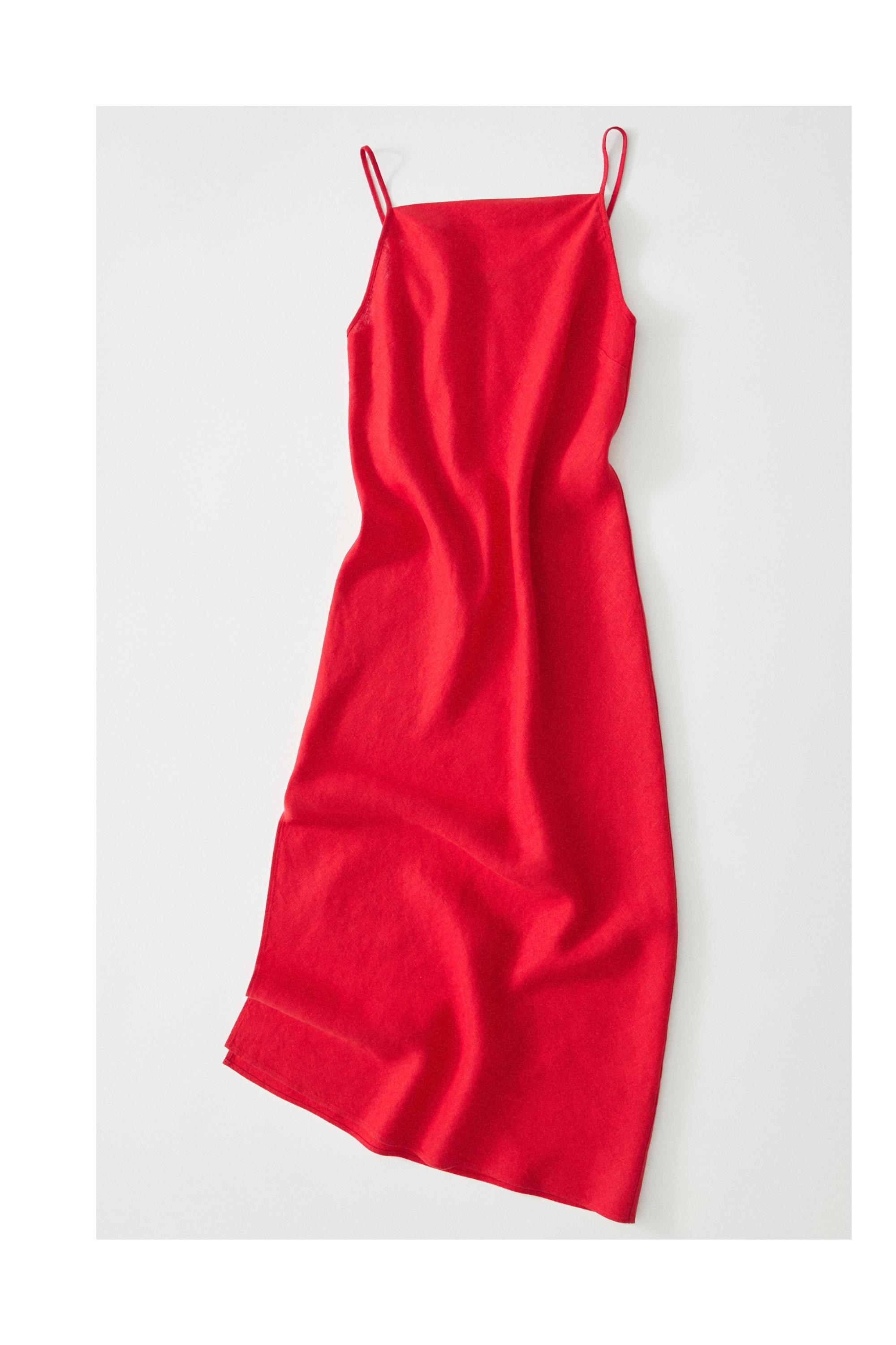 100% linen midi dress with straight neckline — RED
