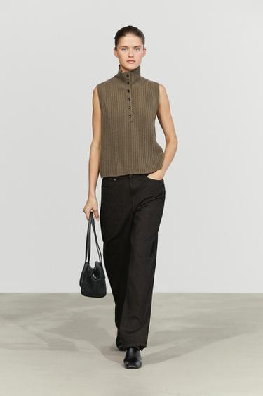 Knit vest with buttoned high neck — BEIGE 1