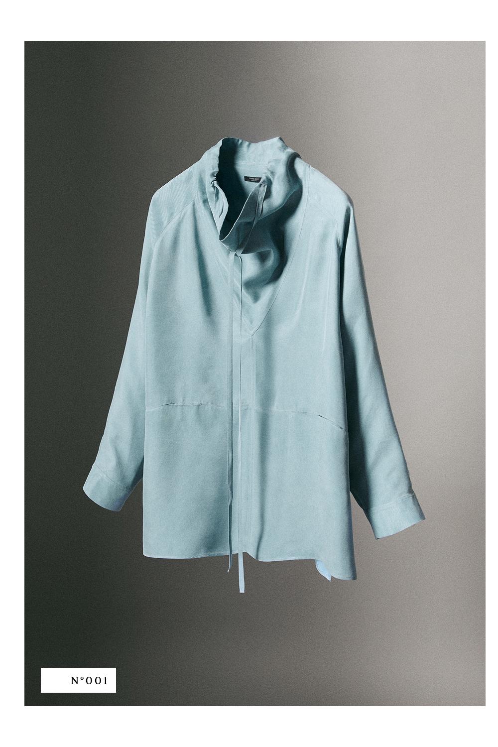 Flowing shirt with high collar and drawstring detail — GREY BLUE