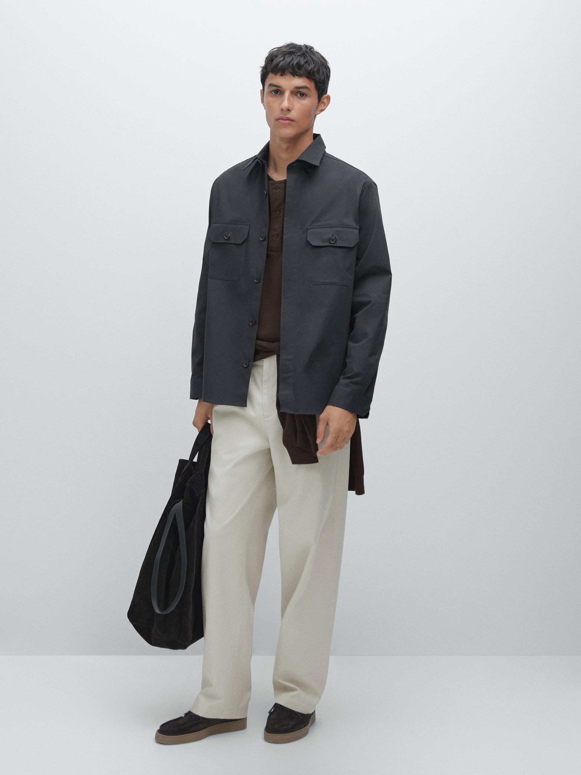 Koszula Wierzchnia Z Kieszeniami Z Bawełnianej Mieszanki - Granatowy - Xl - Massimo Dutti - Mężczyzna