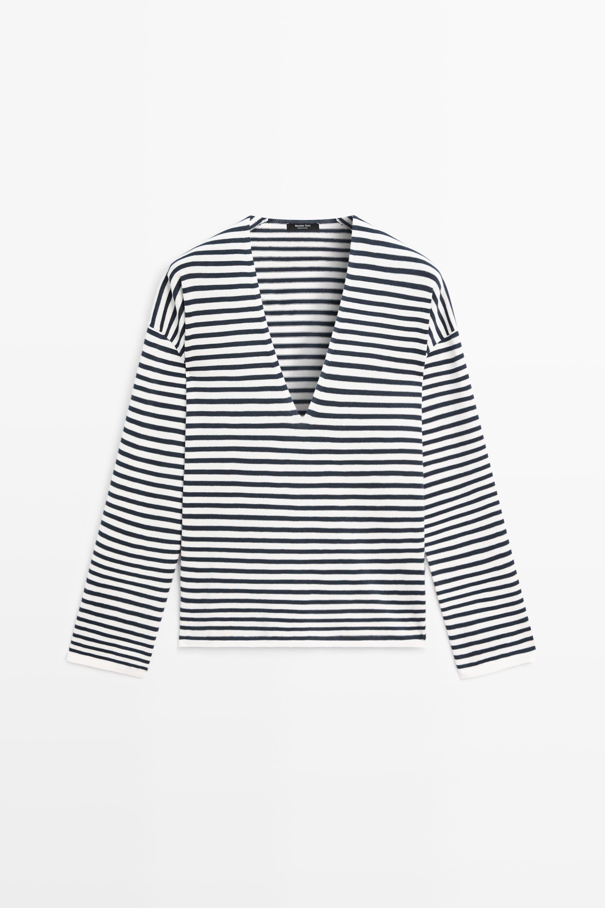 Striped V-neck knit sweater — CREAM