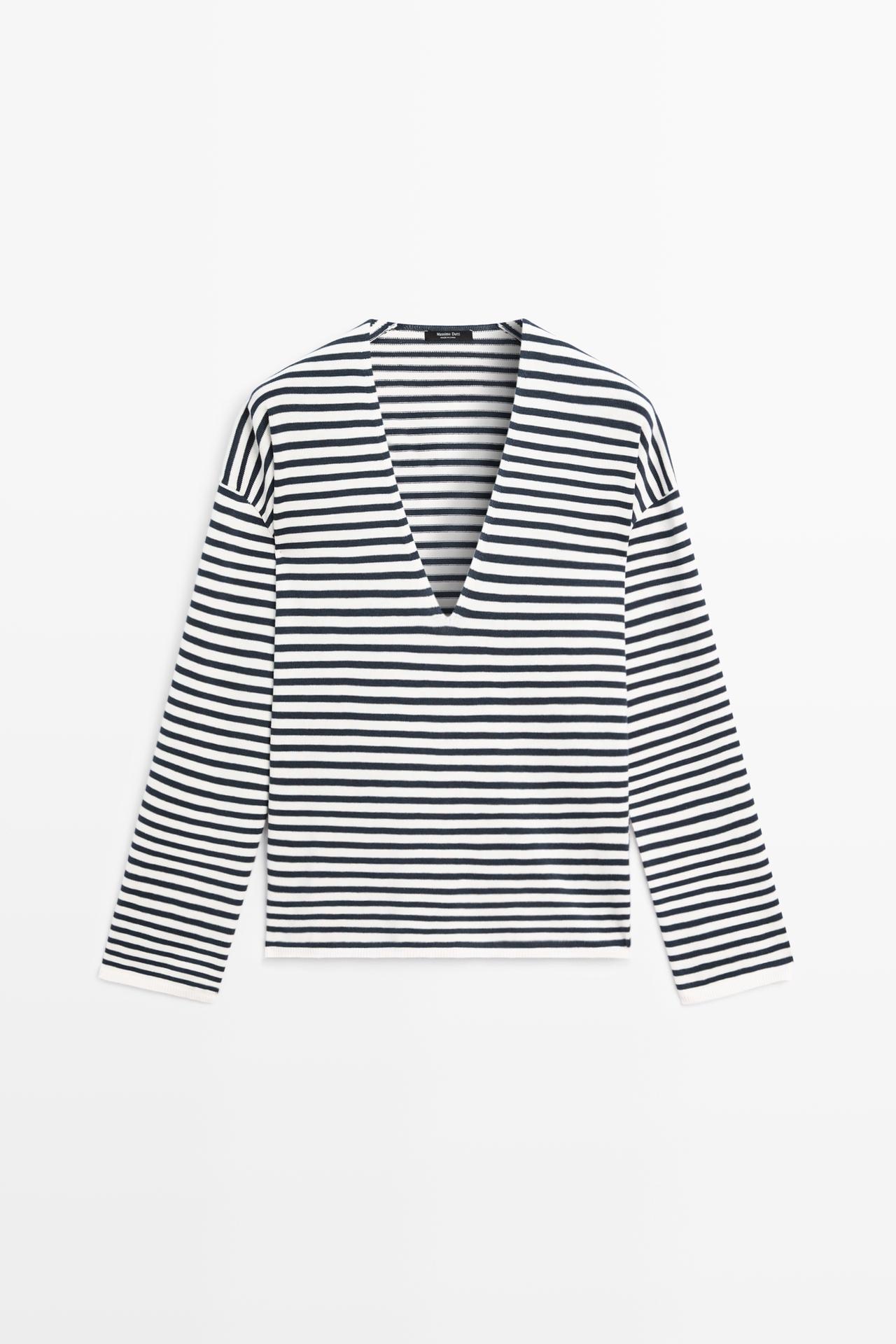 Striped V-neck knit sweater — CREAM