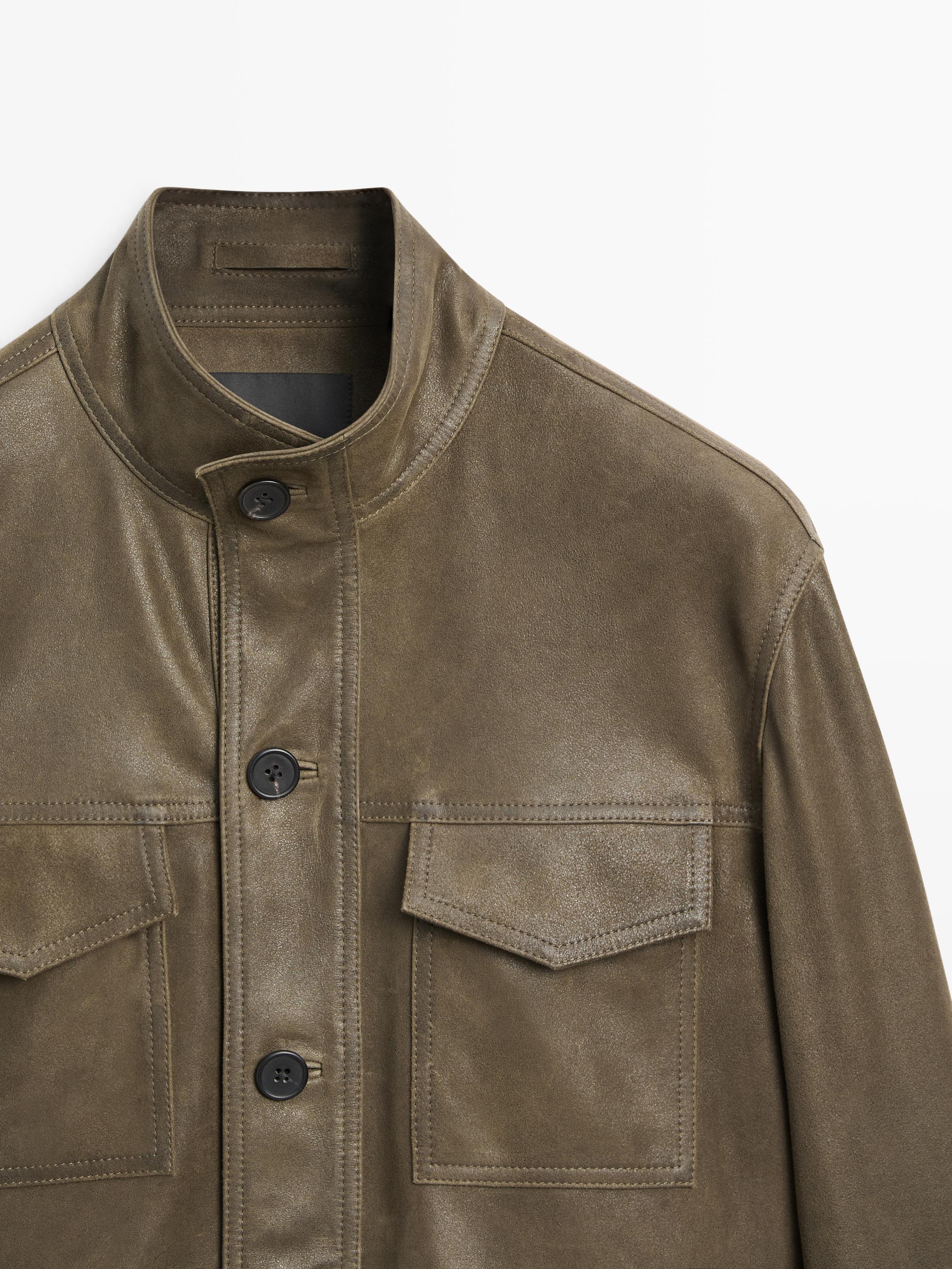 Distressed-effect goatskin leather jacket — KHAKI