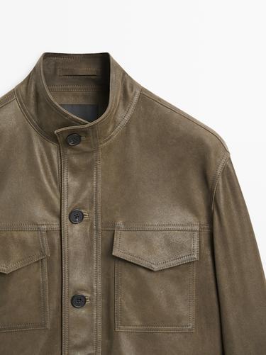Distressed-effect goatskin leather jacket — KHAKI 4