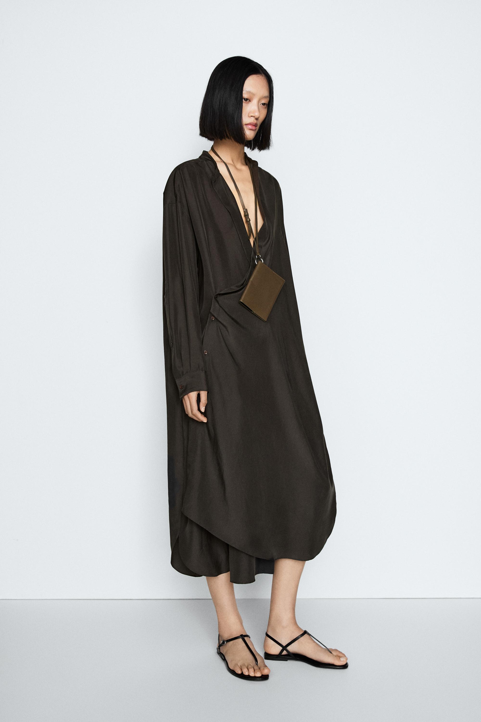 100% silk midi dress with fastening detail - STUDIO — DARK KHAKI