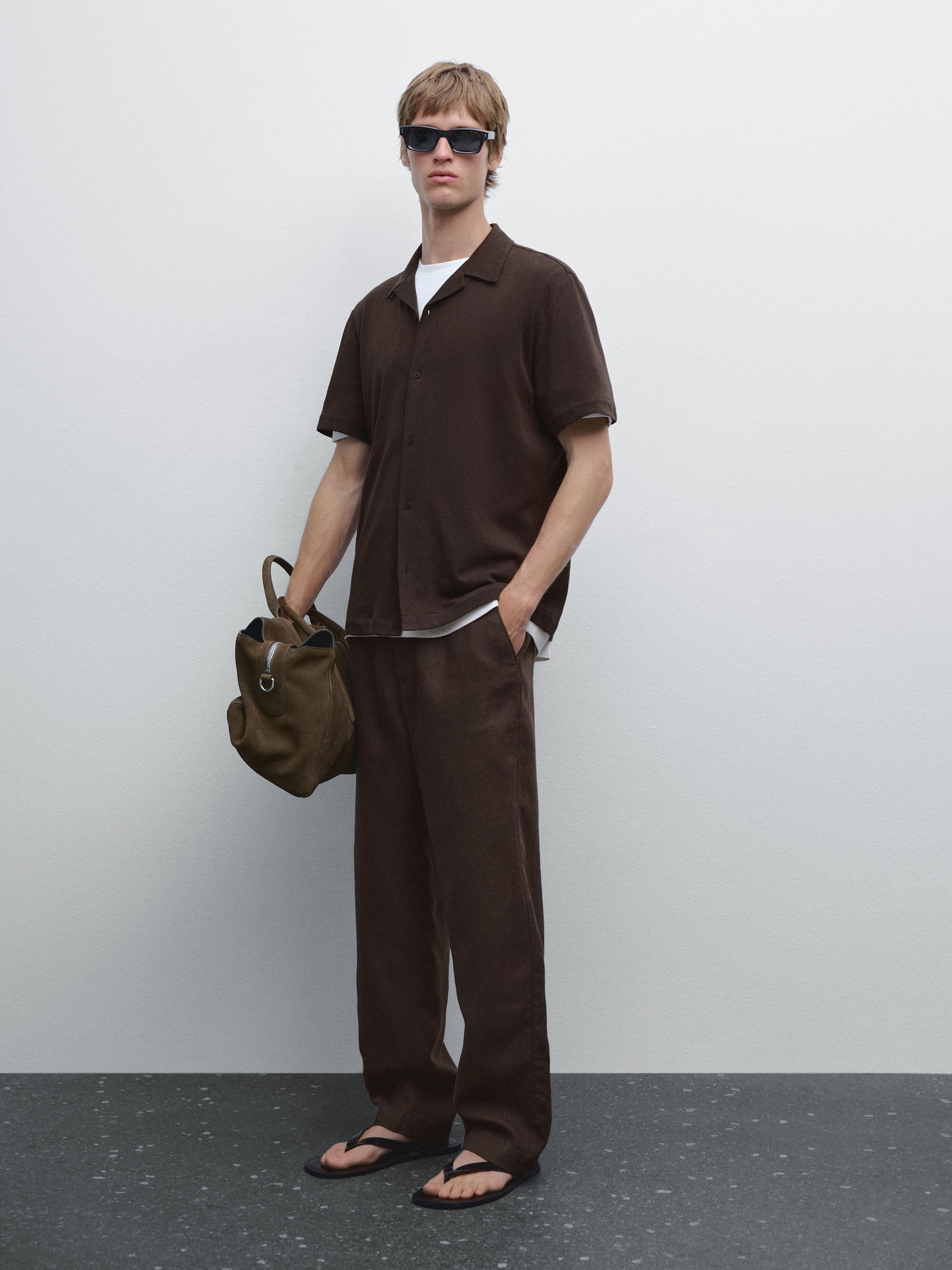 Chemise Manches Courtes Lin - Marron - L - Massimo Dutti - Homme