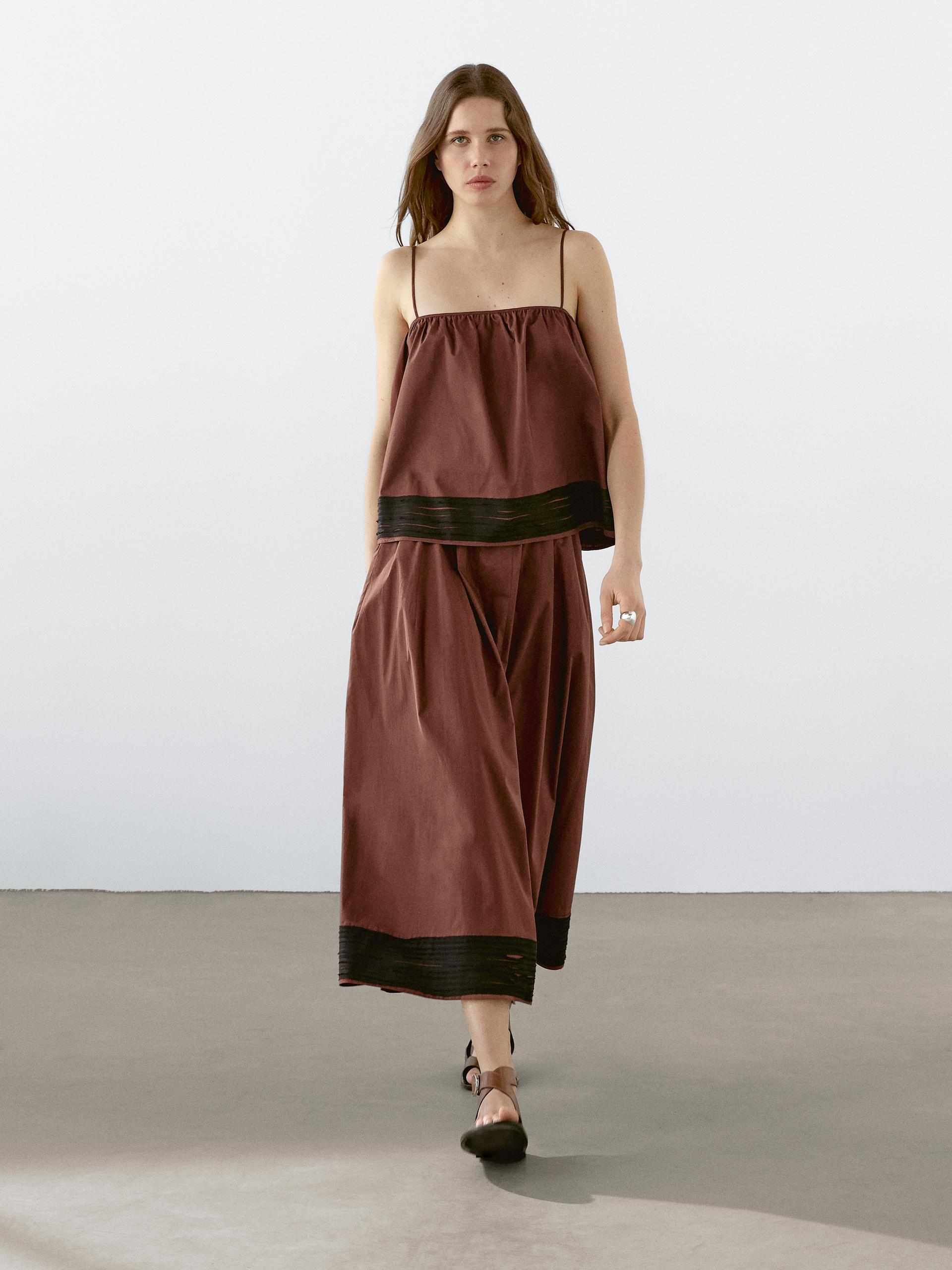 Gonna Midi Balza Dettaglio Nastri - Cioccolato - M - Massimo Dutti - Femminile
