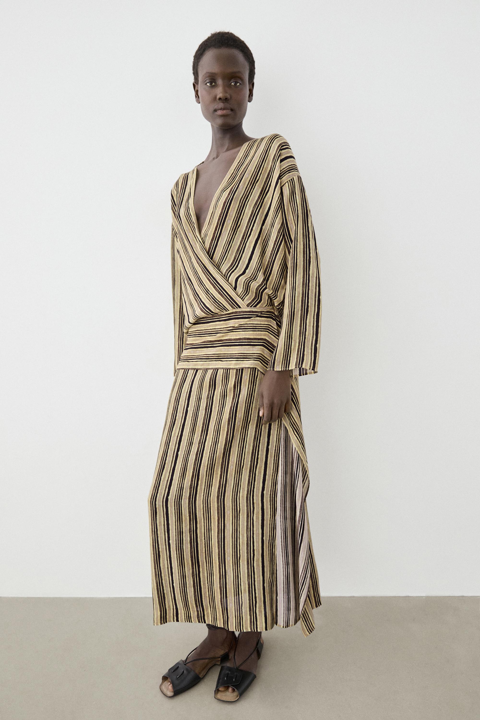 Striped midi dress with corset belt — Mustard