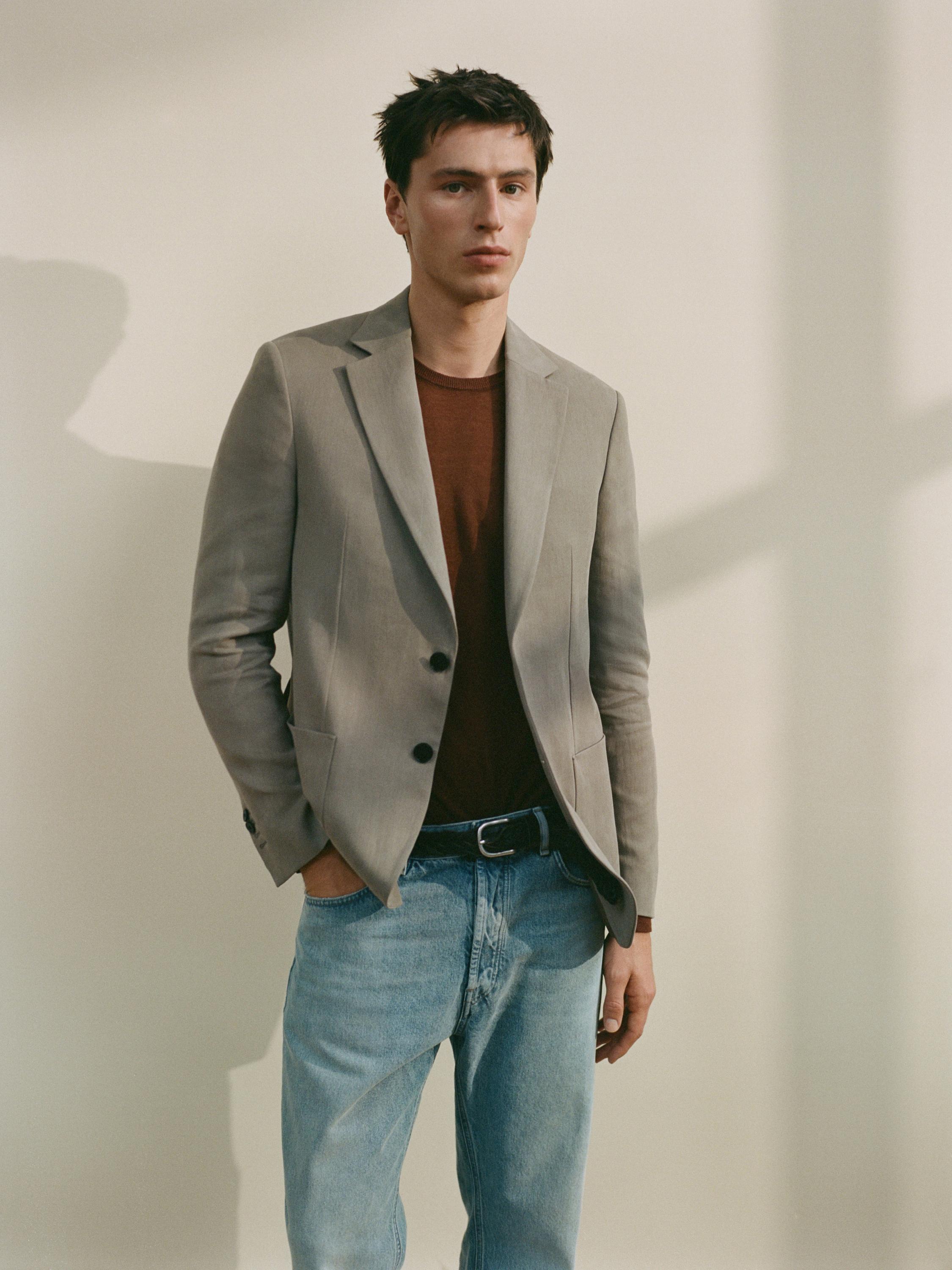 100% linen tailored blazer with pocket details — BEIGE
