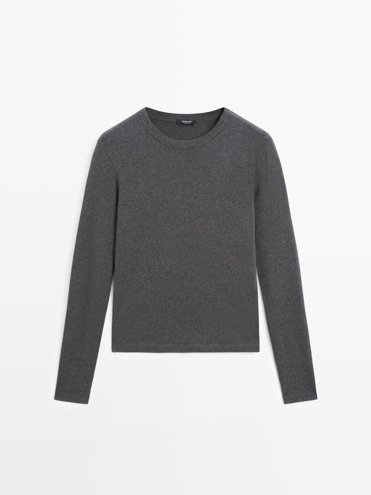 Massimo Dutti - Dame - Langærmet T-Shirt I Ribstof Med Melange - Koksgrå - L