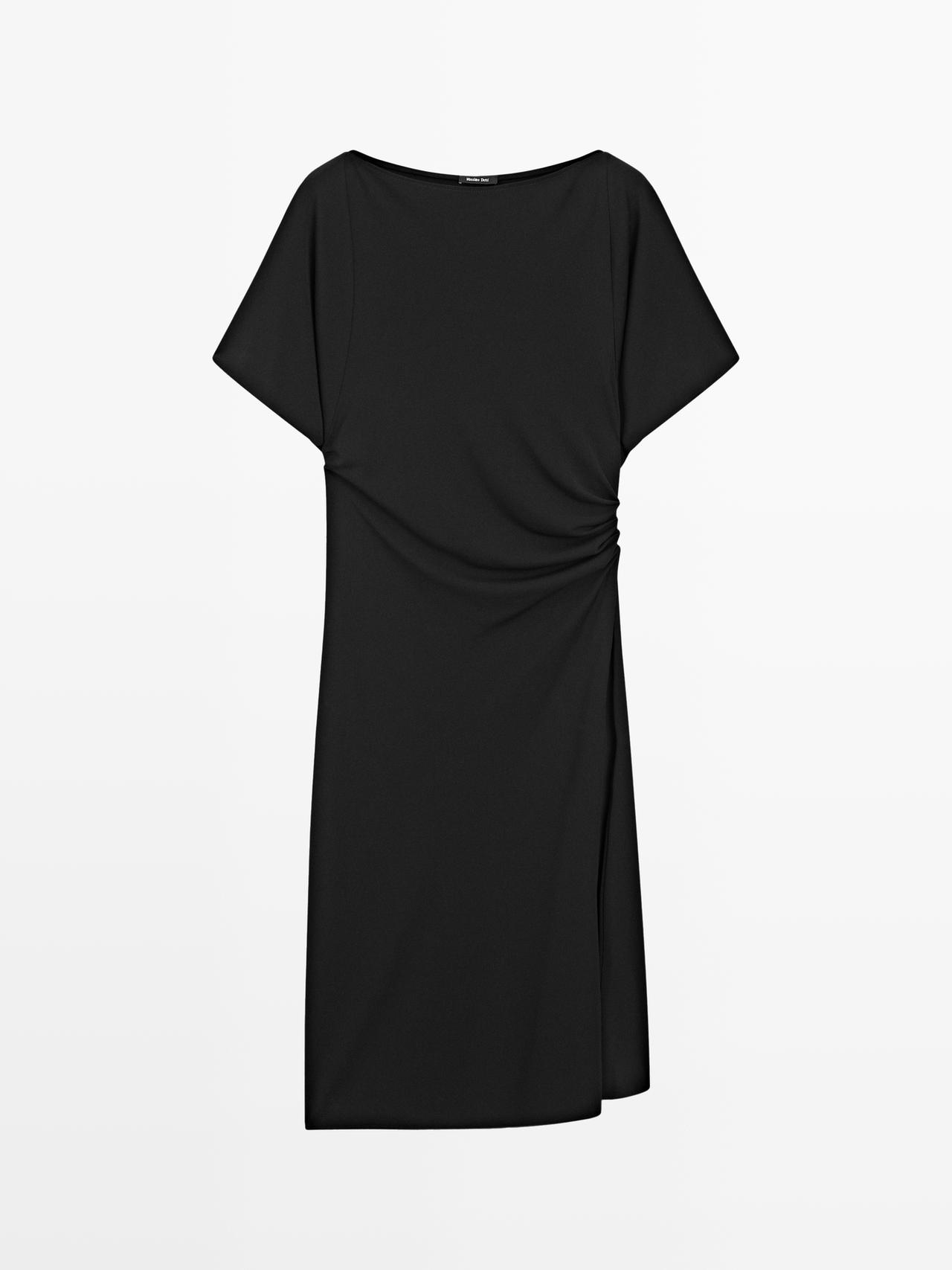 Massimo Dutti - Dame - Midikjole Med Rynket Detalje - Sort - M