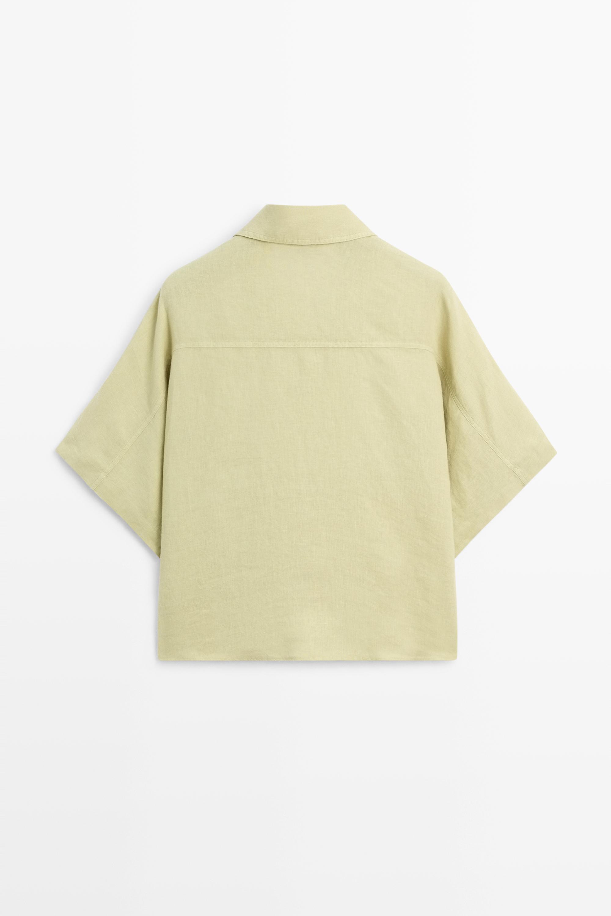Short sleeve linen snap button shirt — LIME