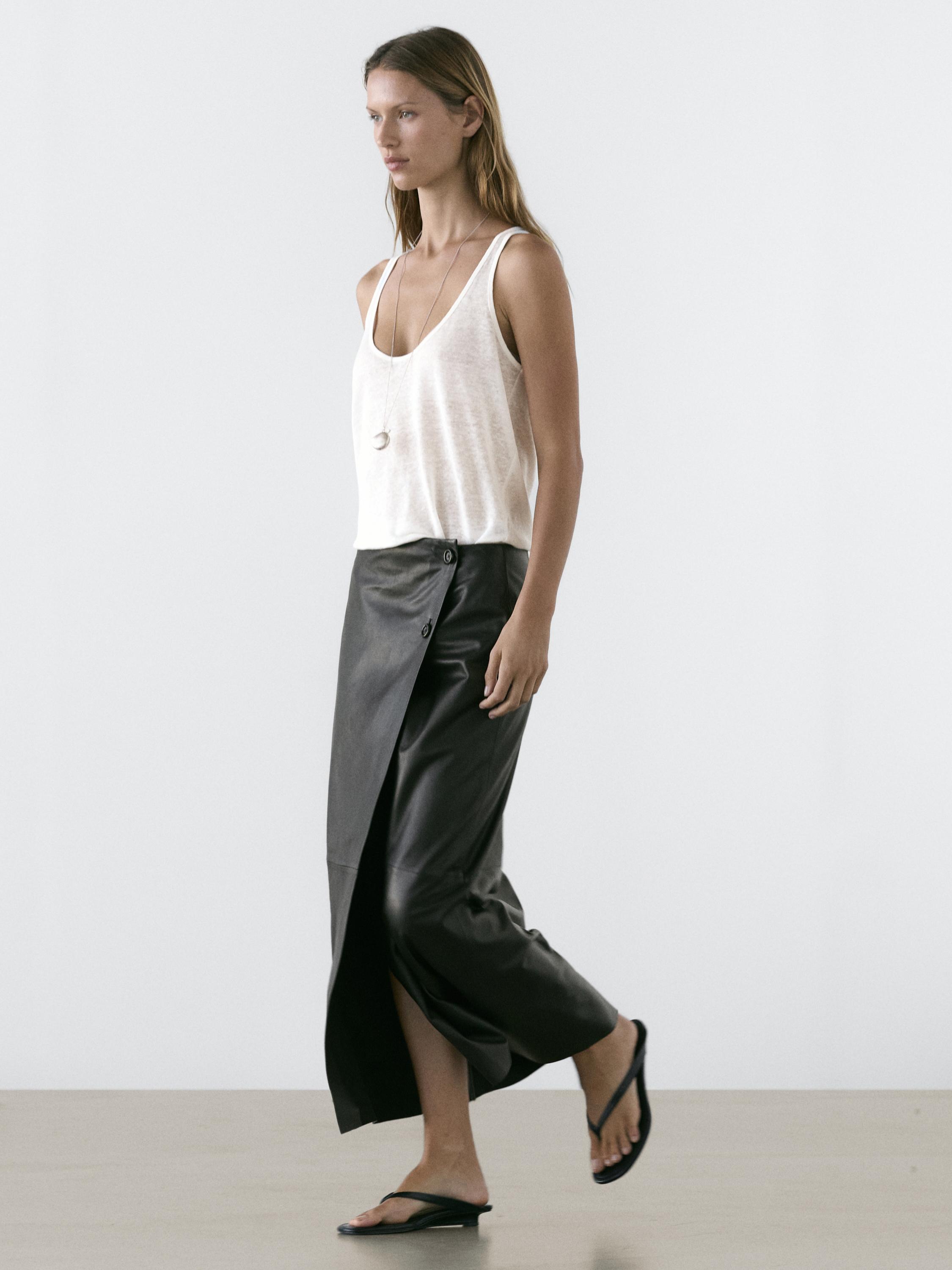 Nappa leather midi skirt with seams — BLACK